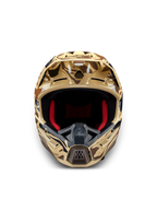Alpinestars S-M5 Mineral, capacete de motocross castanho camuflado, vista frontal com interior vermelho, certificado ECE.