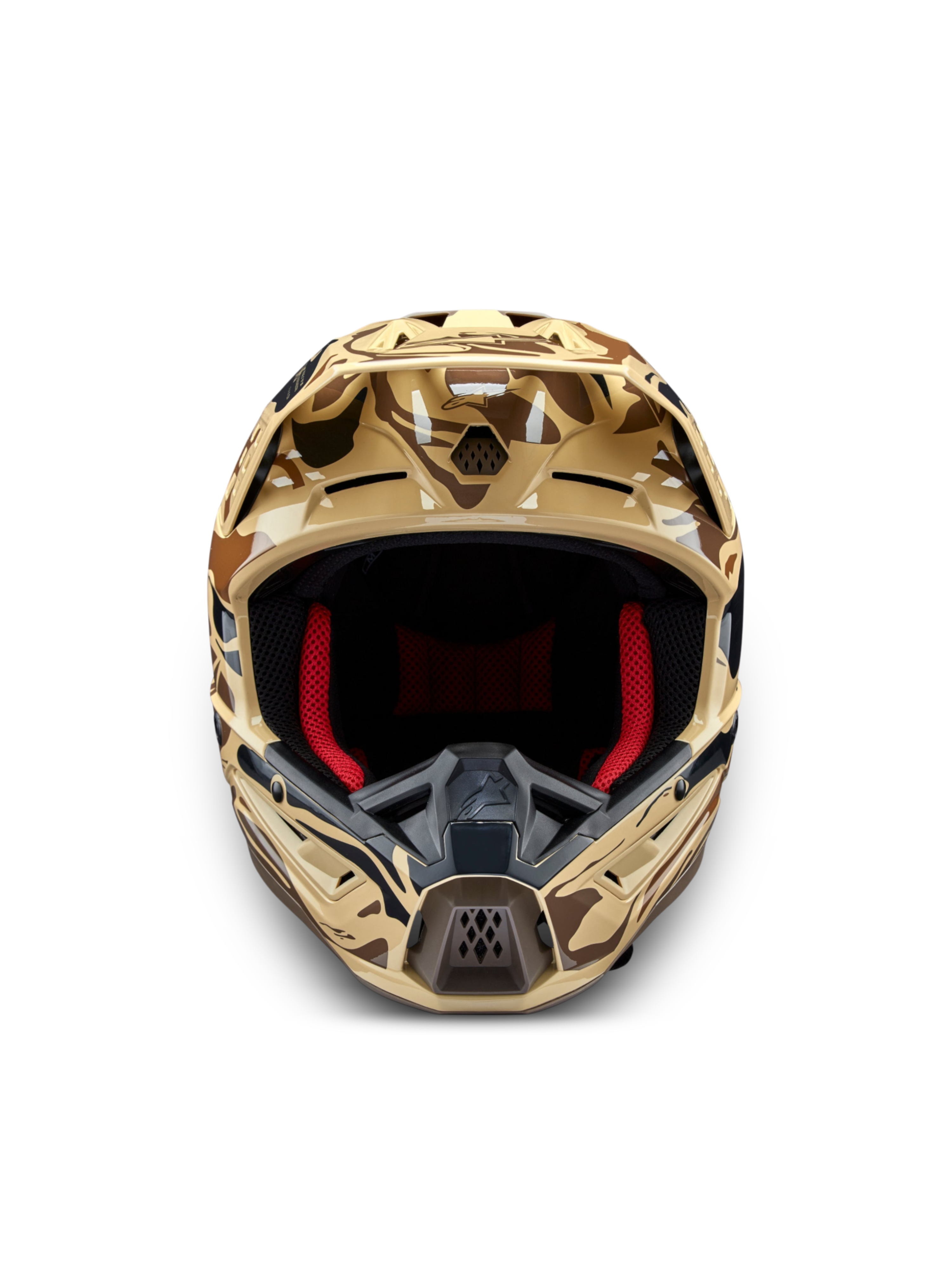 Alpinestars S-M5 Mineral, capacete de motocross castanho camuflado, vista frontal com interior vermelho, certificado ECE.