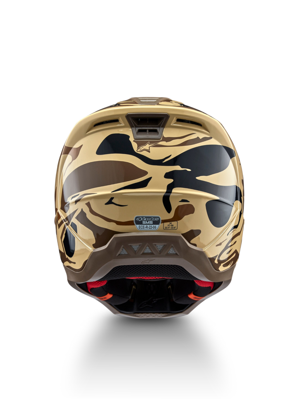 Capacete Alpinestars S-M5 Mineral, capacete de motocross, vista traseira, camuflagem castanha e preta mate, certificado ECE 22.06.