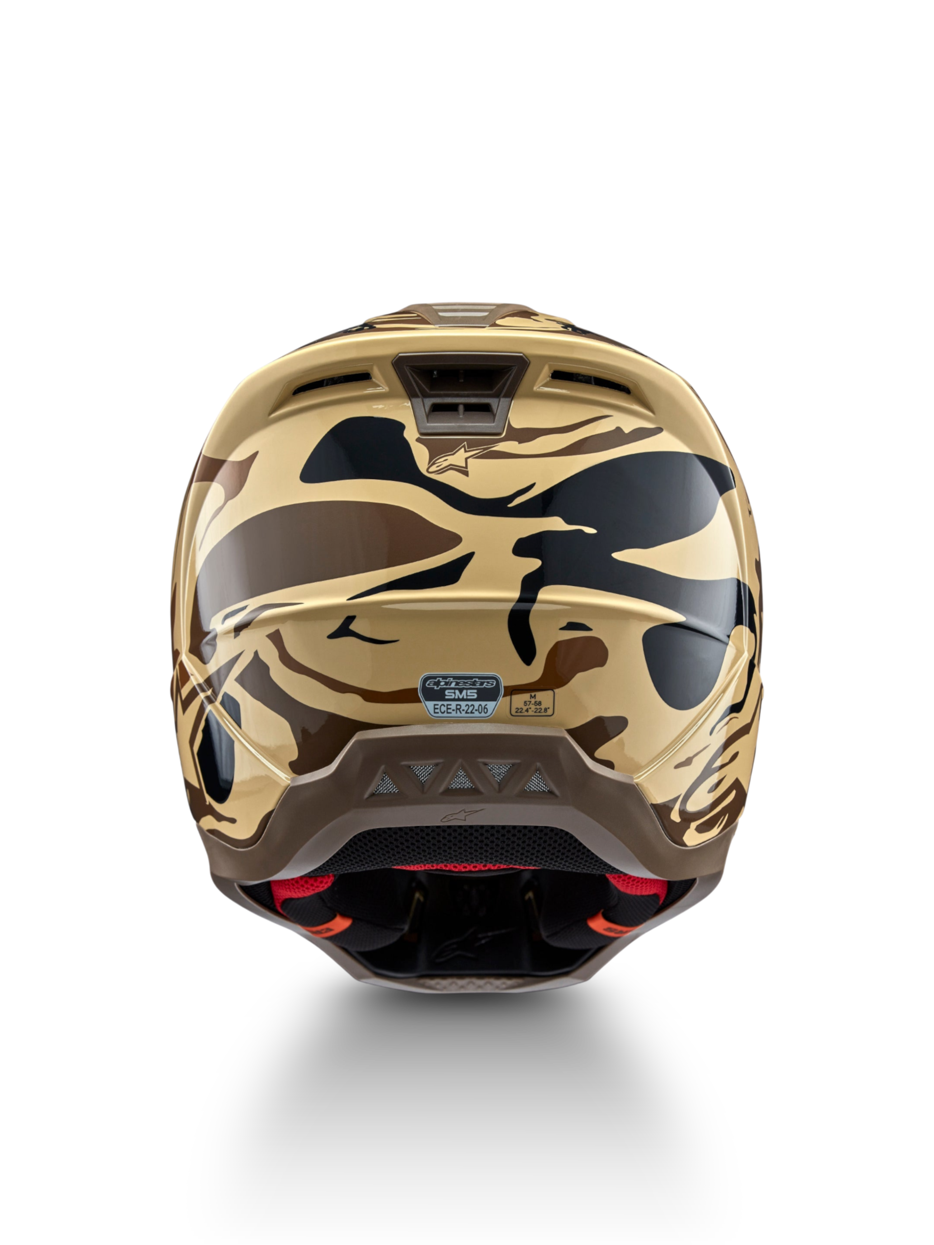 Capacete Alpinestars S-M5 Mineral, capacete de motocross, vista traseira, camuflagem castanha e preta mate, certificado ECE 22.06.