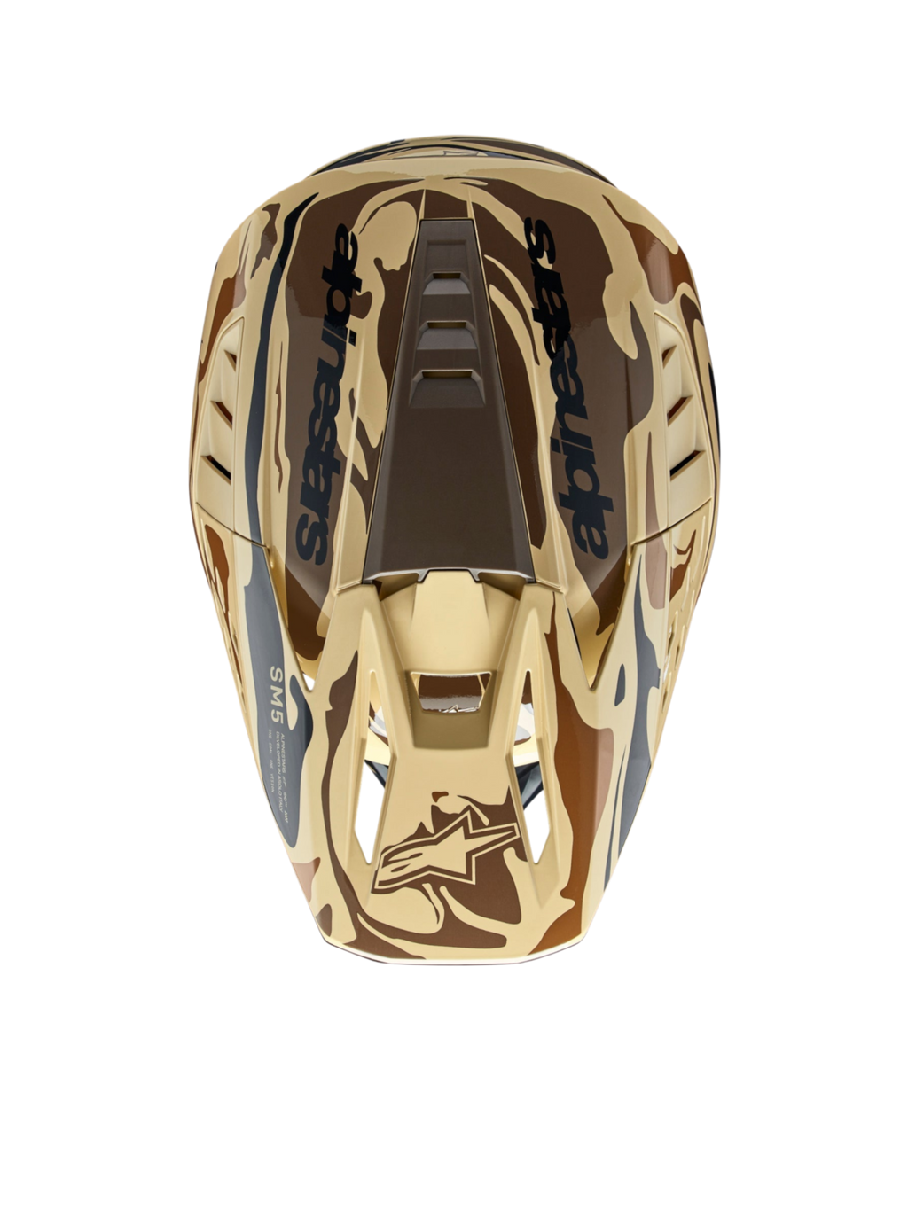 Capacete Alpinestars S-M5 Mineral, motocross, castanho escuro mate camuflado, calota ventilada, certificado ECE 22.06, vista superior.