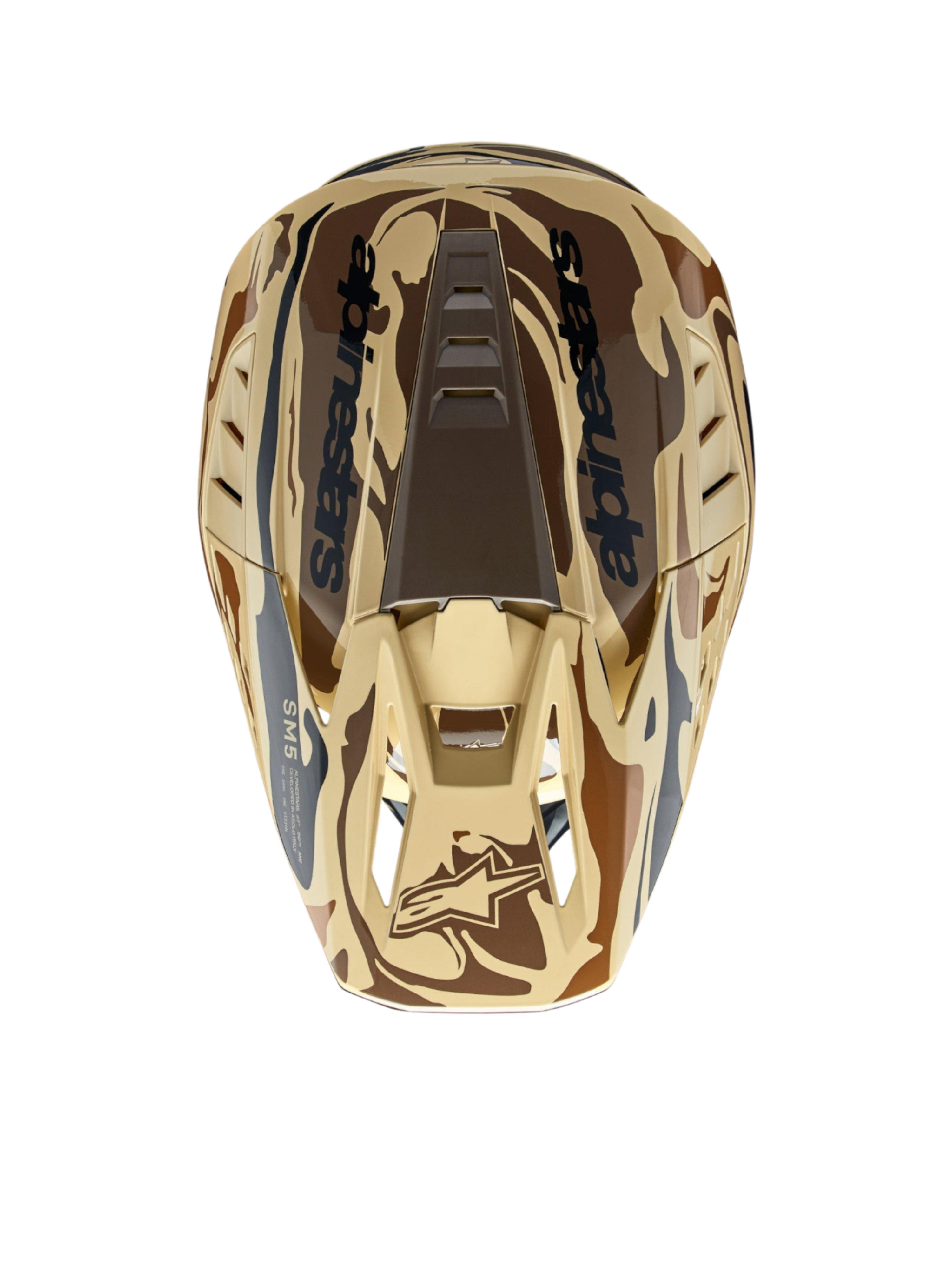 Capacete Alpinestars S-M5 Mineral, motocross, castanho escuro mate camuflado, calota ventilada, certificado ECE 22.06, vista superior.