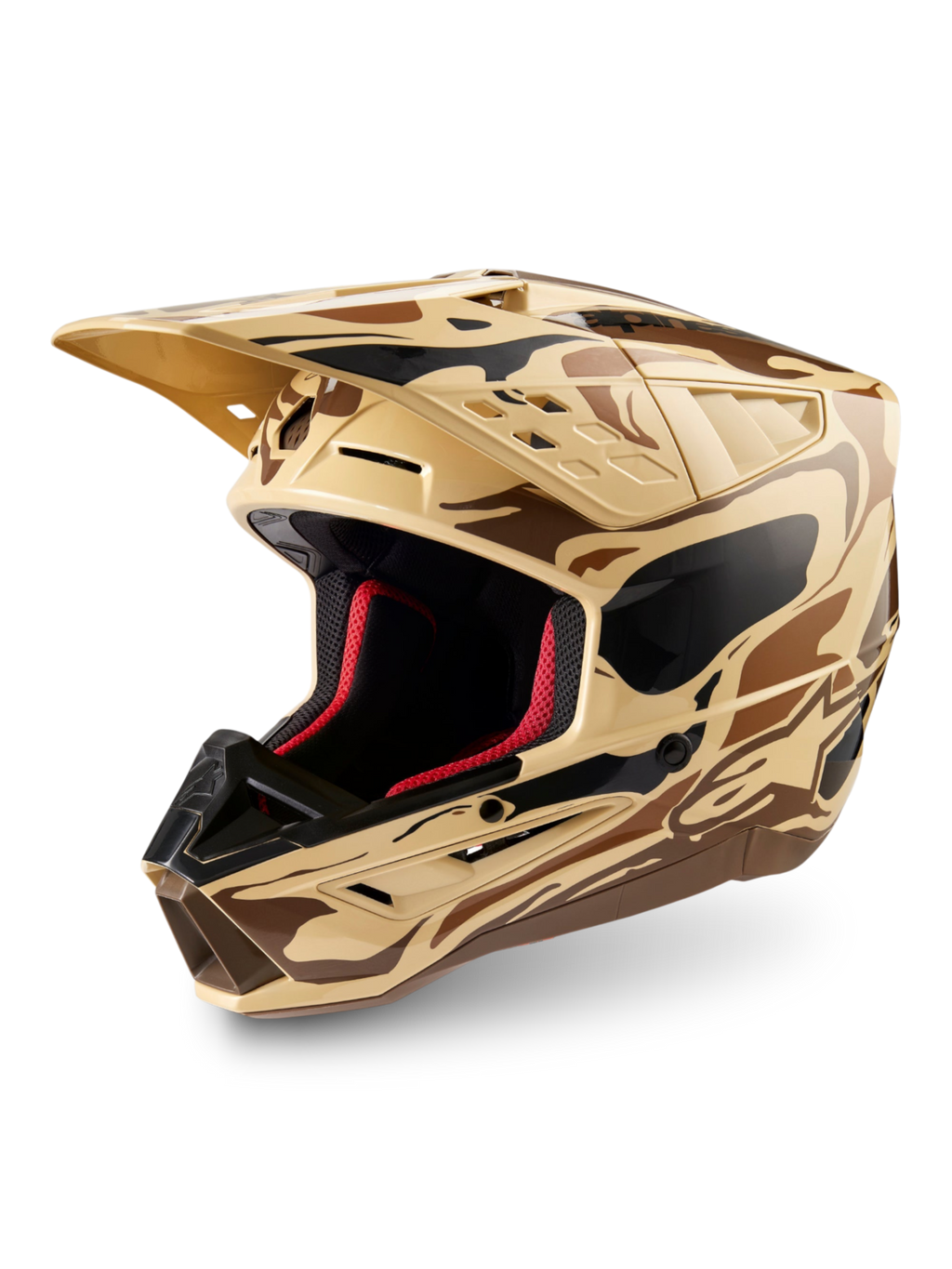 Capacete Alpinestars S-M5 Mineral, capacete de motocross para todo-o-terreno, castanho escuro e bege mate, certificado ECE 22.06, proteção avançada.
