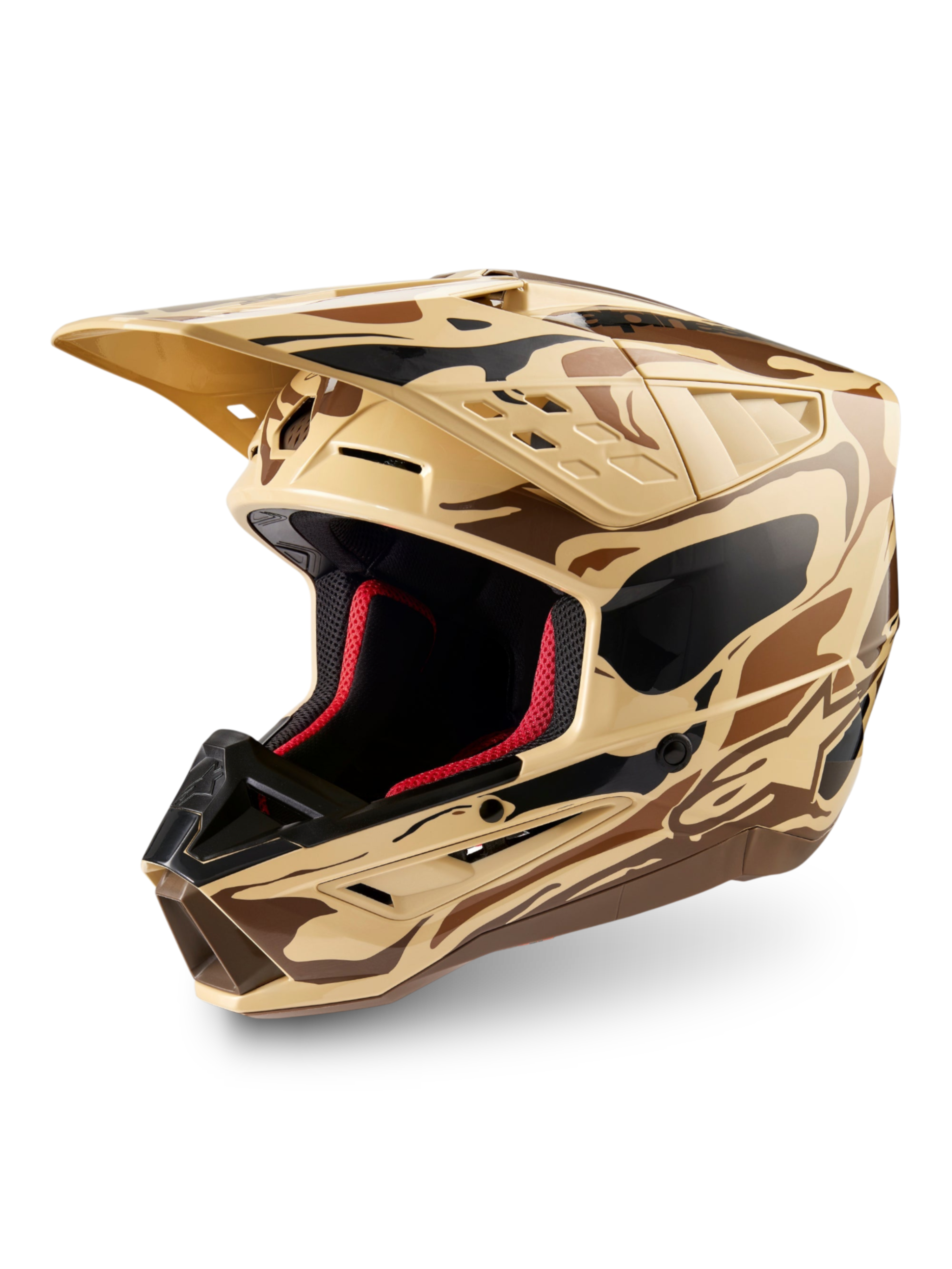 Capacete Alpinestars S-M5 Mineral, capacete de motocross para todo-o-terreno, castanho escuro e bege mate, certificado ECE 22.06, proteção avançada.
