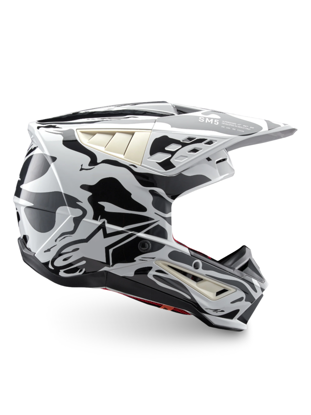 Alpinestars S-M5 Mineral Helmet, Cool Gray and Dark Gray Motocross Helmet, ECE 22.06 certified with camouflage graphic.