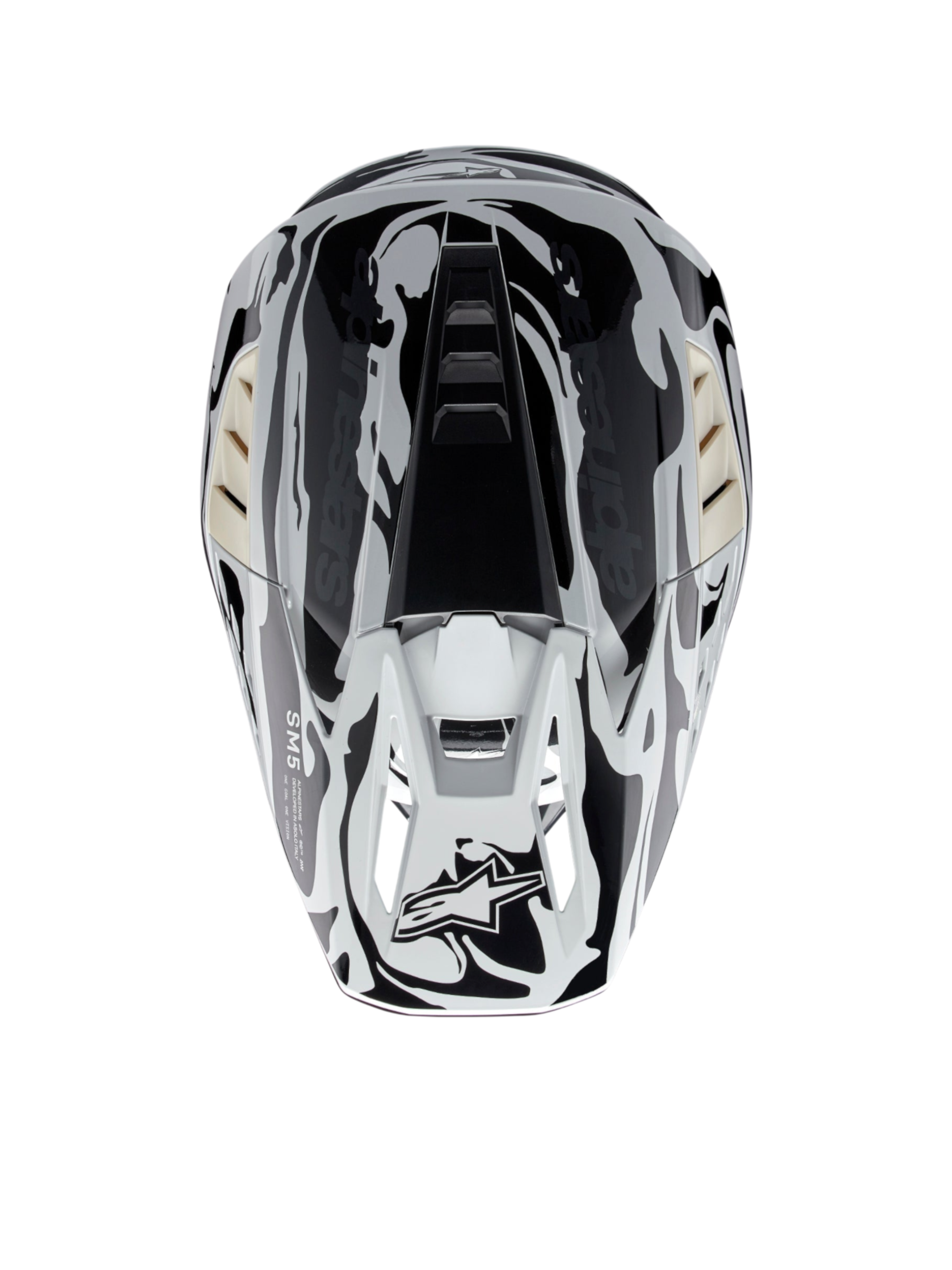 Alpinestars S-M5 Mineral Helmet, ECE certified motocross helmet in Cool Gray and Dark Gray glossy, top view.