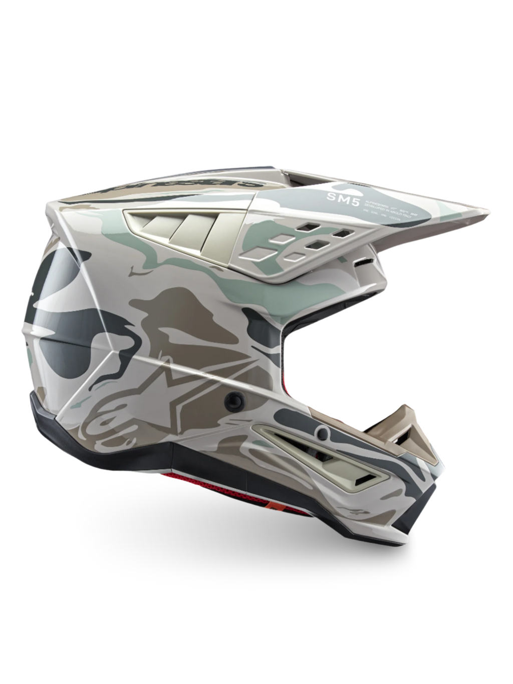 Alpinestars S-M5 Mineral Motocross Helmet in Warm Gray and Celadon Green, ECE 22.06 certified off-road protection.
