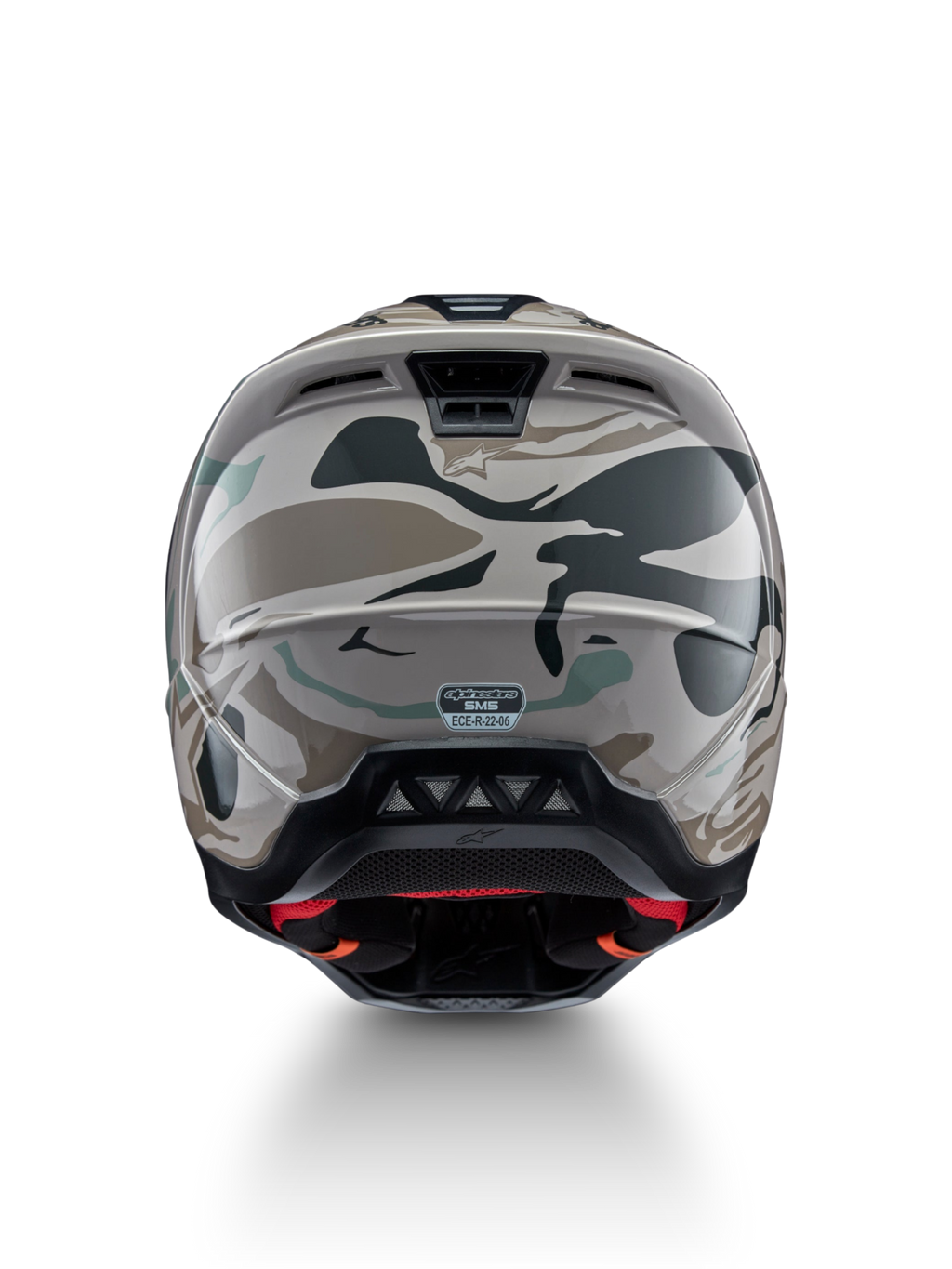 Alpinestars S-M5 Mineral Helmet, rear view of motocross helmet in Warm Gray and Celadon Green camo, ECE 22.06 certified.