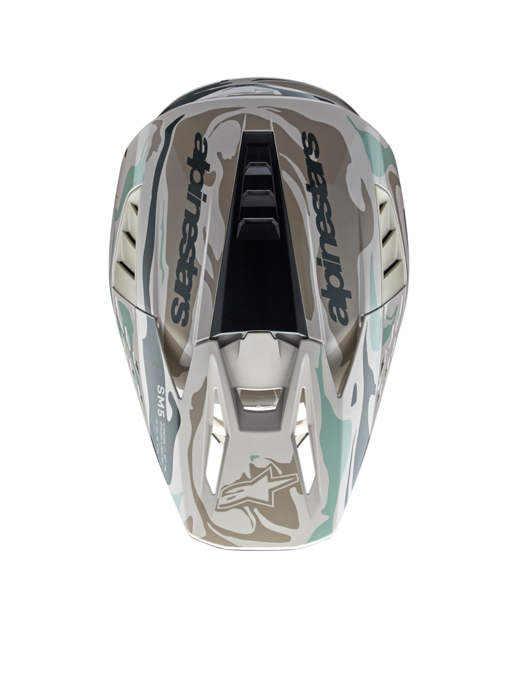 Alpinestars S-M5 Mineral Helmet, Motocross gear in Warm Gray and Celadon Green, top-down view showing glossy camo pattern.