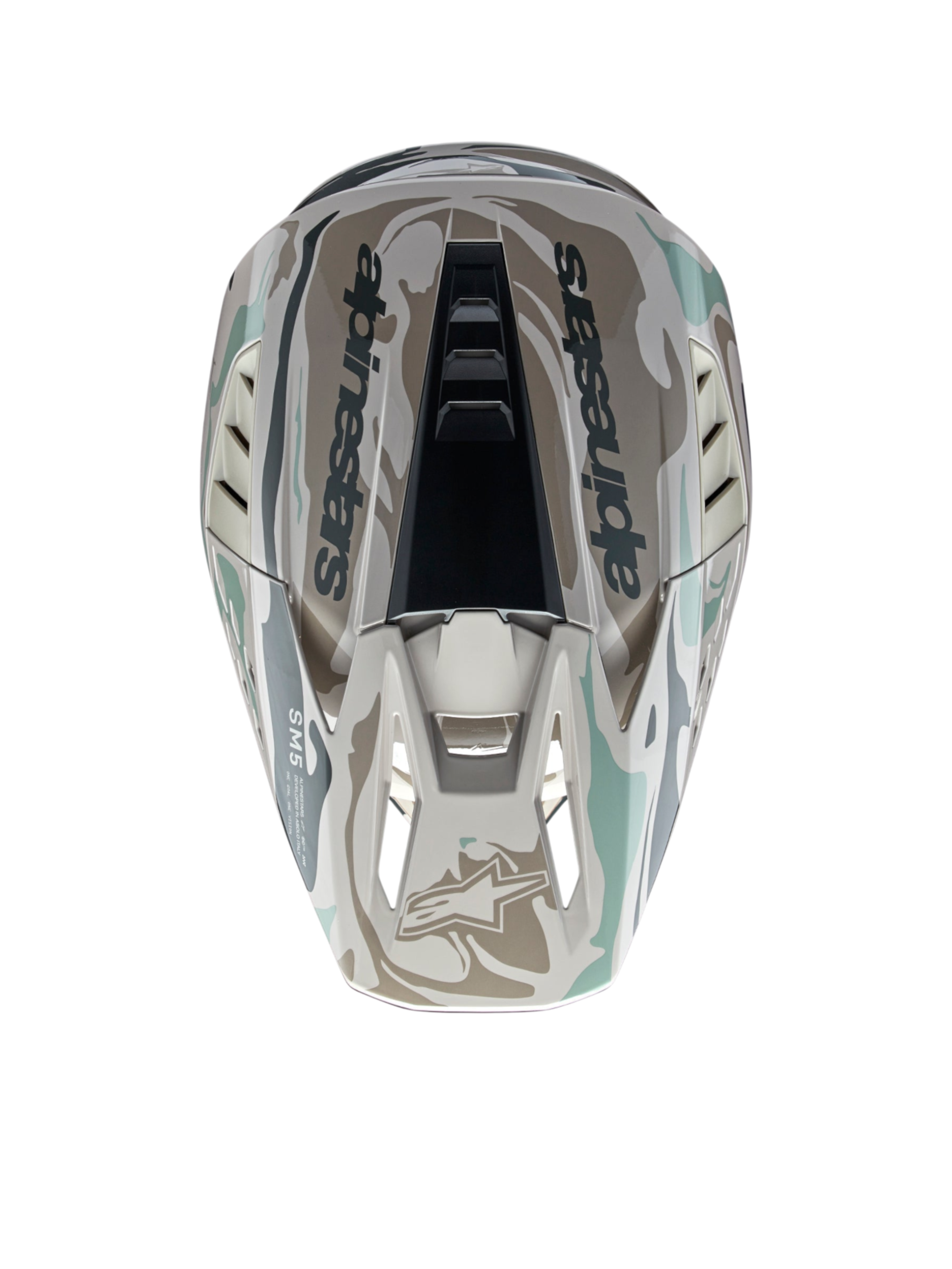 Alpinestars S-M5 Mineral Helmet, Motocross gear in Warm Gray and Celadon Green, top-down view showing glossy camo pattern.