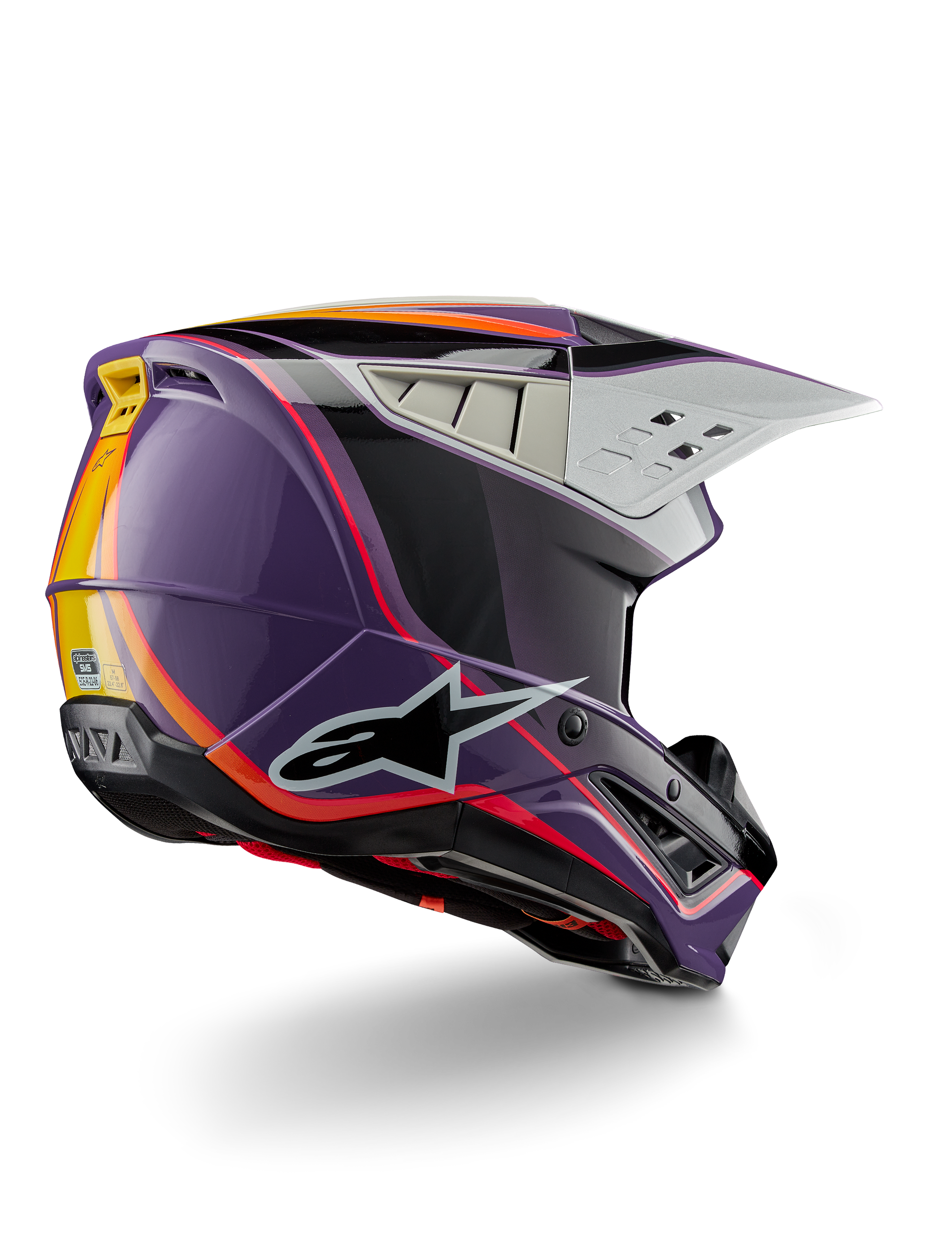 Alpinestars S-M5 Sail Helmet ECE, capacete de motocross, violeta, preto e prateado brilhante com detalhes de riscas cor-de-laranja e amarelas, grande logótipo de estrela preto, perfil aerodinâmico com saídas de ventilação traseiras, acabamento brilhante para corridas todo-o-terreno