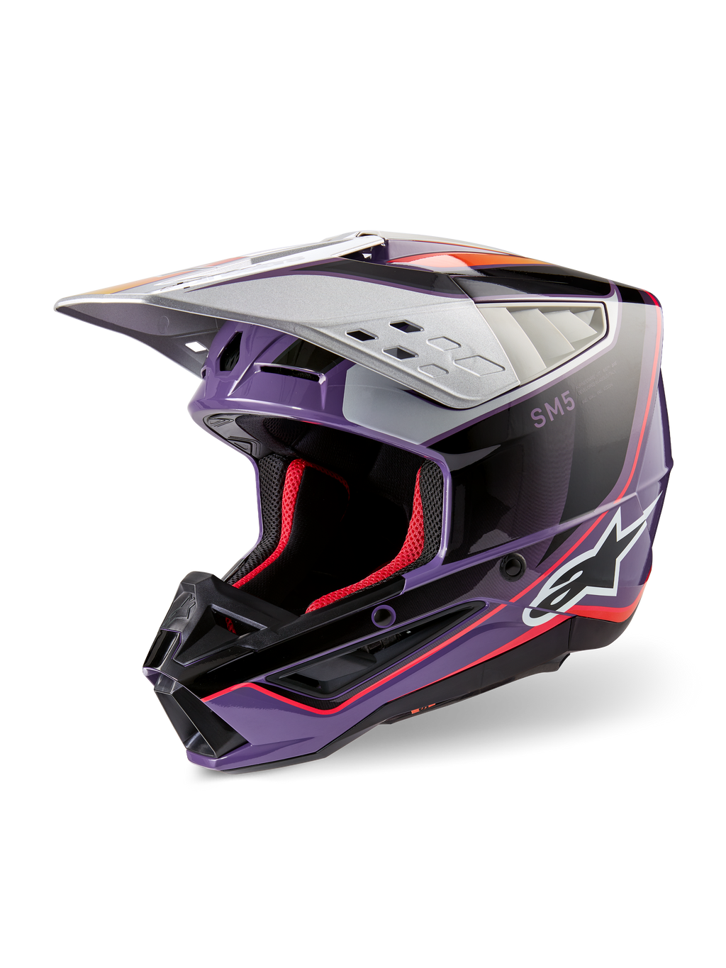 Capacete Alpinestars S-M5 Sail ECE, capacete de motocross, violeta, preto e prateado brilhante, com forro interno e detalhes em vermelho, acabamento brilhante com logótipo Alpinestars em destaque, viseira prateada aerodinâmica, equipamento de proteção profissional para todo-o-terreno