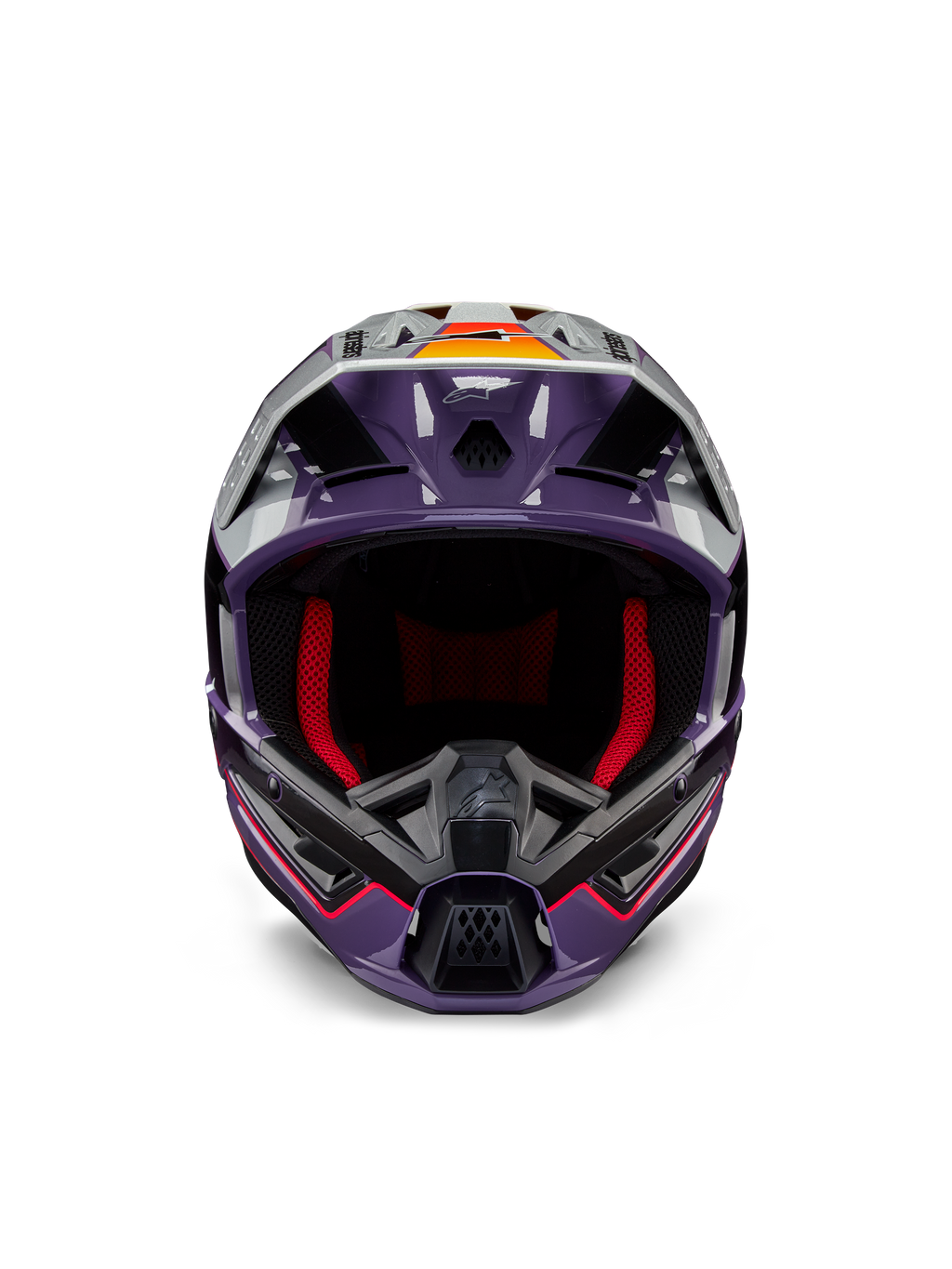 Alpinestars S-M5 Sail Helmet ECE, capacete de motocross, violeta, preto e prateado brilhante, vista frontal com acolchoamento interior vermelho, queixeira ventilada e viseira com detalhes em laranja, calota aerodinâmica elegante para proteção em todo-o-terreno