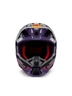 Alpinestars S-M5 Sail Helmet ECE, capacete de motocross, violeta, preto e prateado brilhante, vista frontal com acolchoamento interior vermelho, queixeira ventilada e viseira com detalhes em laranja, calota aerodinâmica elegante para proteção em todo-o-terreno