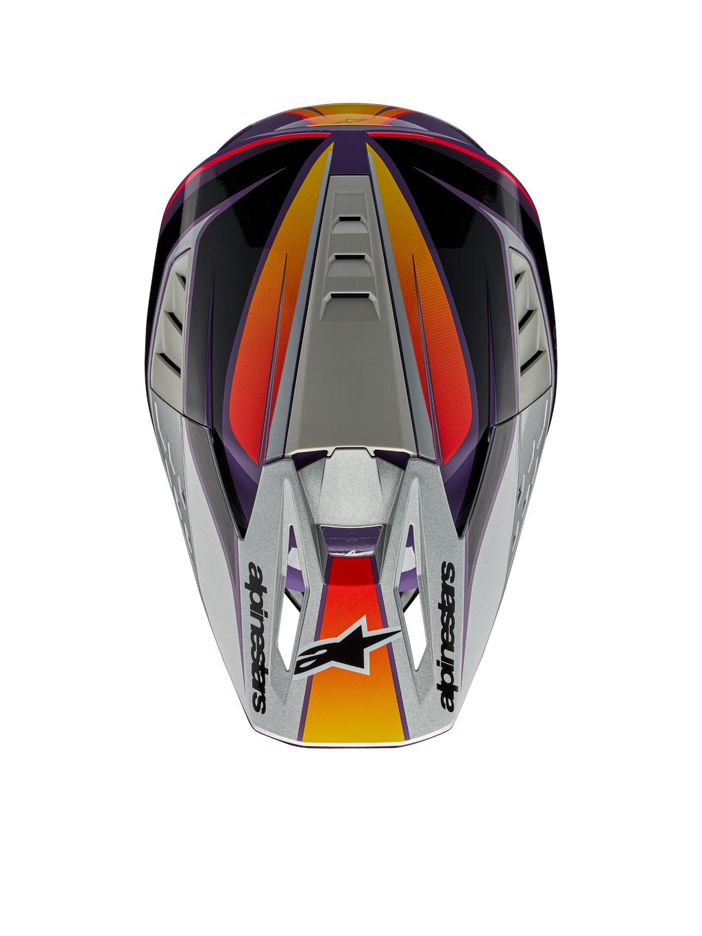 Capacete Alpinestars S-M5 Sail ECE, capacete de motocross, violeta, preto e prateado brilhante, vista superior mostrando a pala prateada com o logótipo Alpinestars, detalhes em gradiente de laranja e vermelho, calota aerodinâmica com aberturas de ventilação, proteção de cabeça de alto desempenho para todo-o-terreno