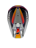 Capacete Alpinestars S-M5 Sail ECE, capacete de motocross, violeta, preto e prateado brilhante, vista superior mostrando a pala prateada com o logótipo Alpinestars, detalhes em gradiente de laranja e vermelho, calota aerodinâmica com aberturas de ventilação, proteção de cabeça de alto desempenho para todo-o-terreno