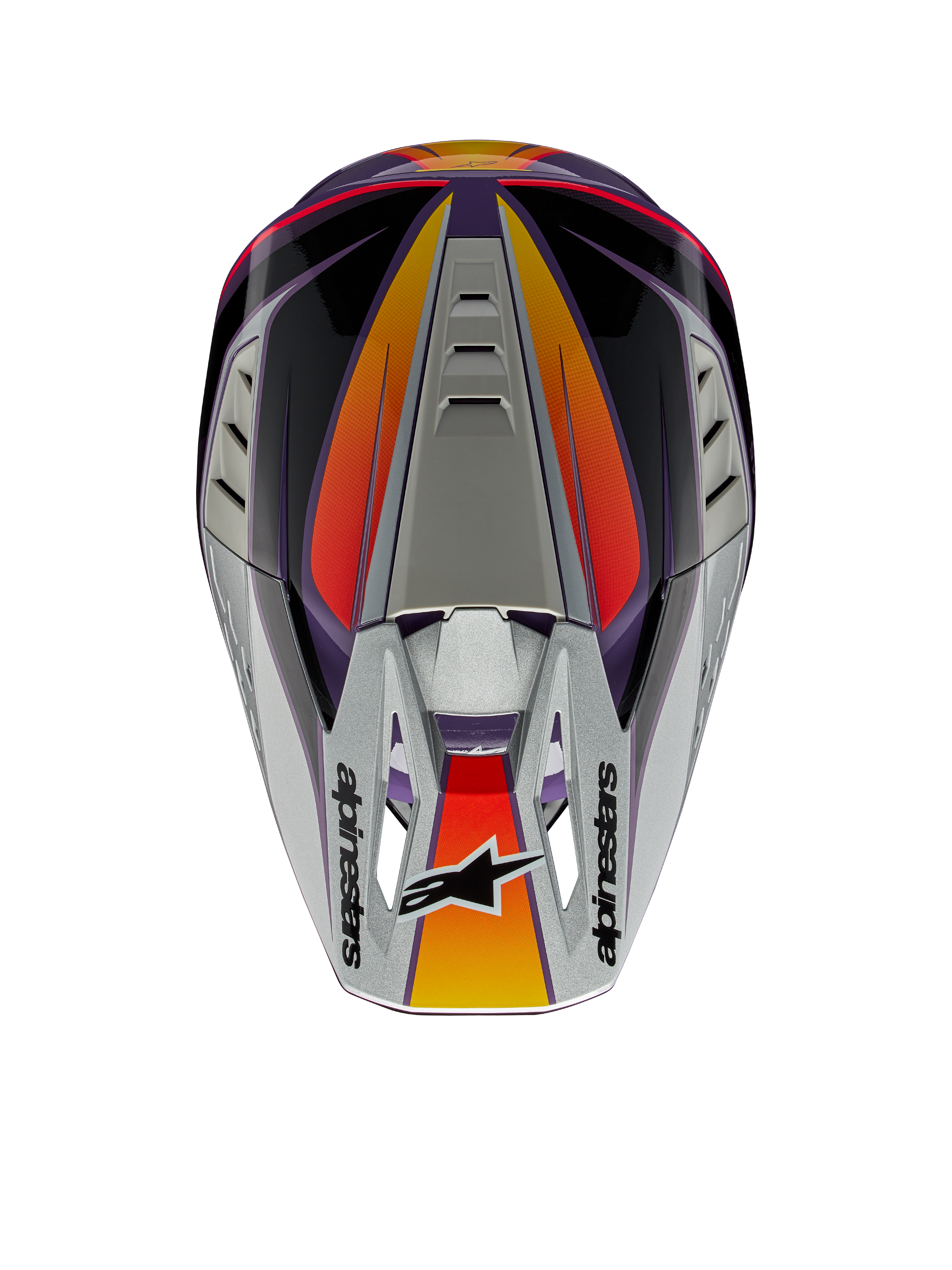 Capacete Alpinestars S-M5 Sail ECE, capacete de motocross, violeta, preto e prateado brilhante, vista superior mostrando a pala prateada com o logótipo Alpinestars, detalhes em gradiente de laranja e vermelho, calota aerodinâmica com aberturas de ventilação, proteção de cabeça de alto desempenho para todo-o-terreno