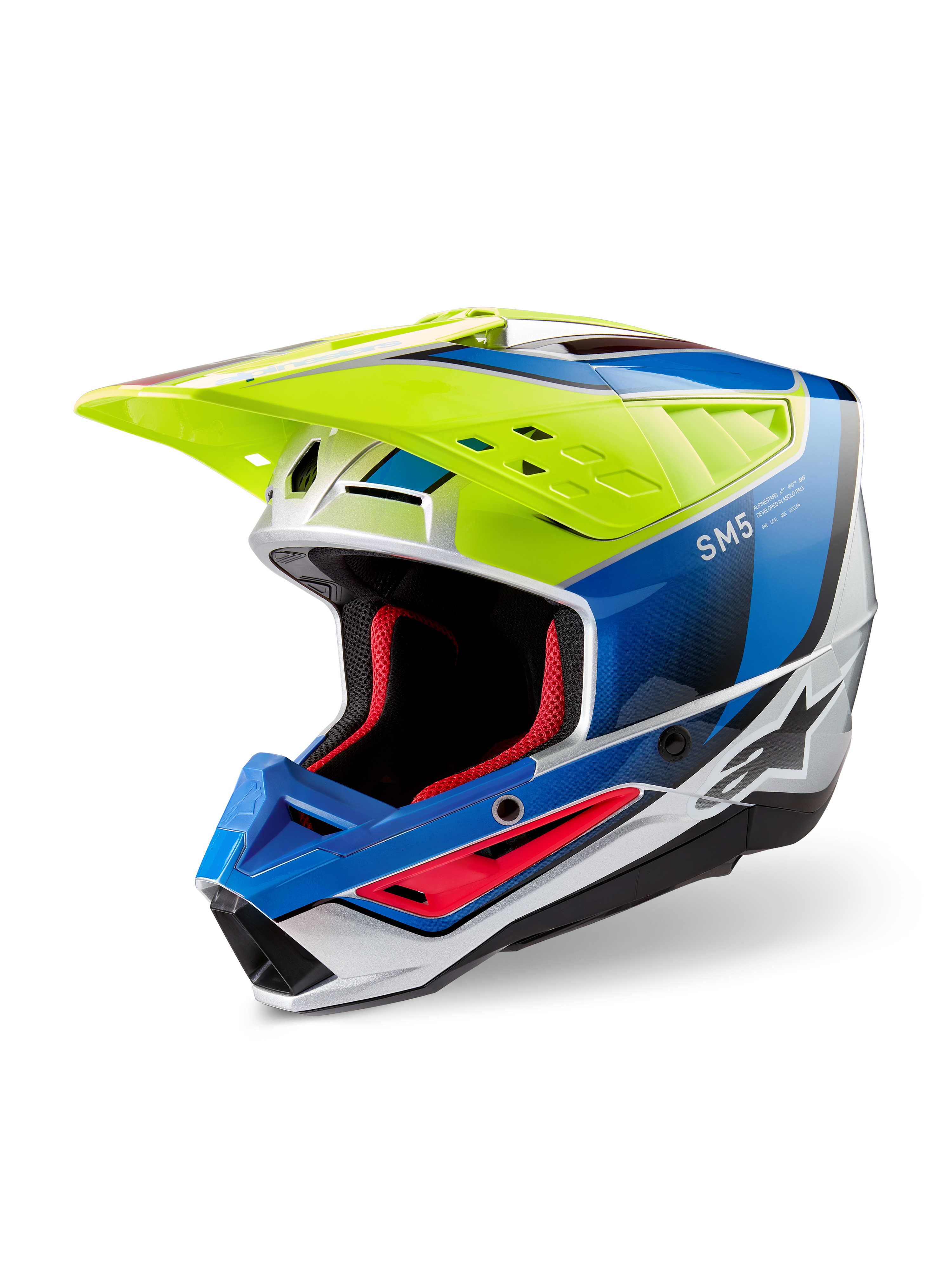 Alpinestars S-M5 Sail Helmet ECE, Motocross Helmet, Yellow Fluo, Enamel Blue and Silver Glossy, featuring an aerodynamic thermoplastic shell, red internal padding, and a high-flow ventilation visor for off-road performance