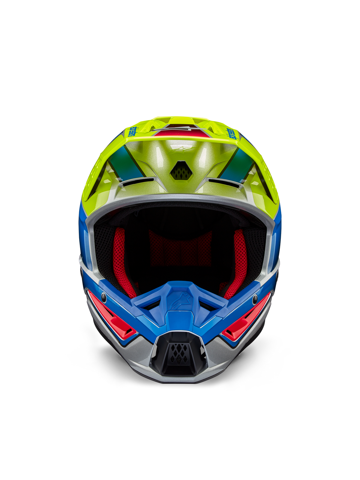 Alpinestars S-M5 Sail Helmet ECE, capacete de motocross, amarelo néon e azul esmalte com acabamento prateado brilhante, vista frontal mostrando o acolchoamento interior vermelho e a viseira aerodinâmica, proteção de cabeça de alta performance para corridas off-road