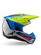 Alpinestars S-M5 Sail Helmet ECE, Motocross Helmet, Yellow Fluo, Enamel Blue, and Silver Glossy, side profile with red accents and black star logo, angular design with ventilation ports, professional off-road racing protection