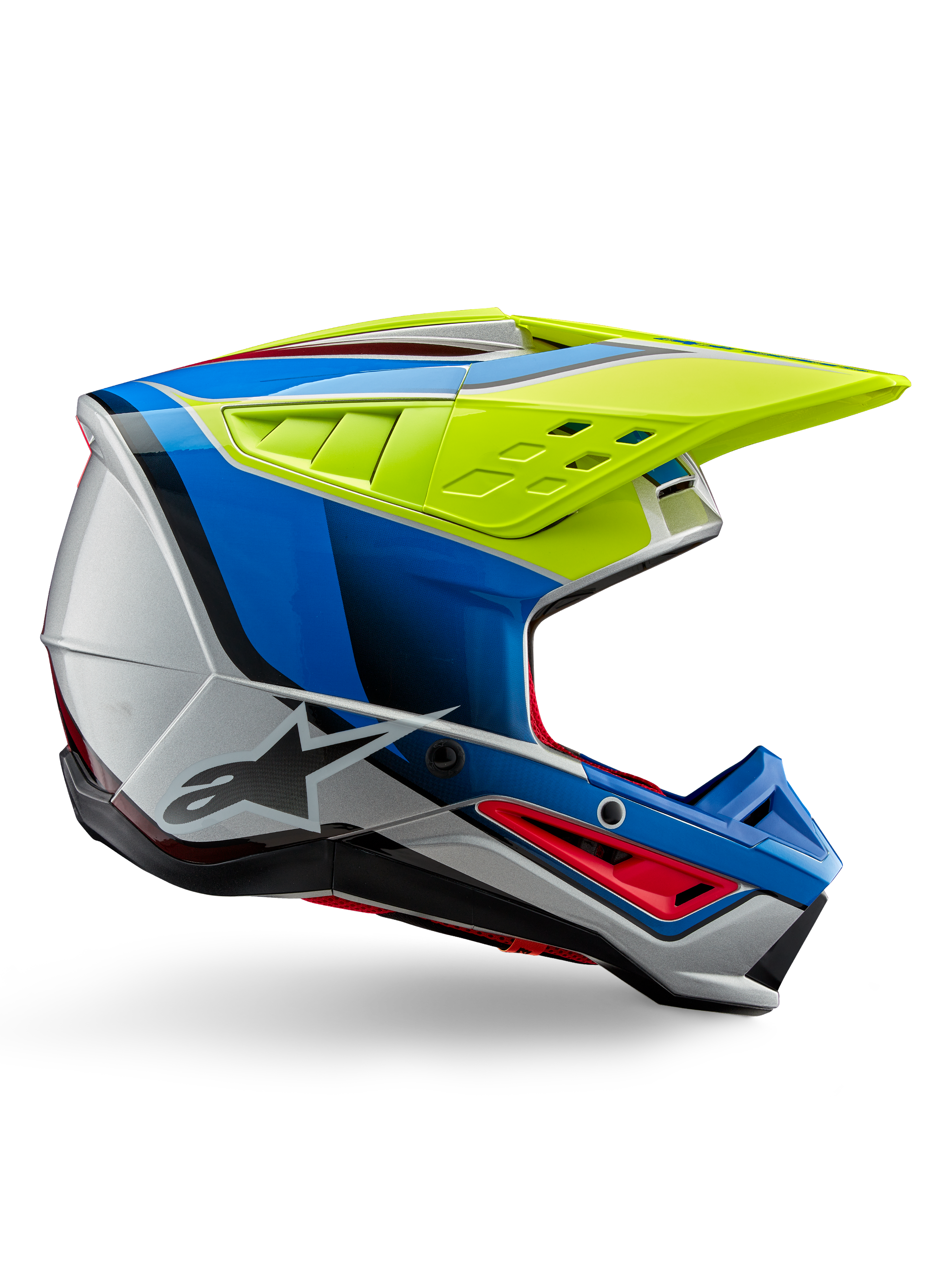 Capacete Alpinestars SM5 Sail ECE, capacete de motocross, amarelo néon, azul esmalte e prateado brilhante, perfil lateral com detalhes vermelhos e logótipo de estrela preto, design angular com aberturas de ventilação, proteção profissional para corridas todo-o-terreno