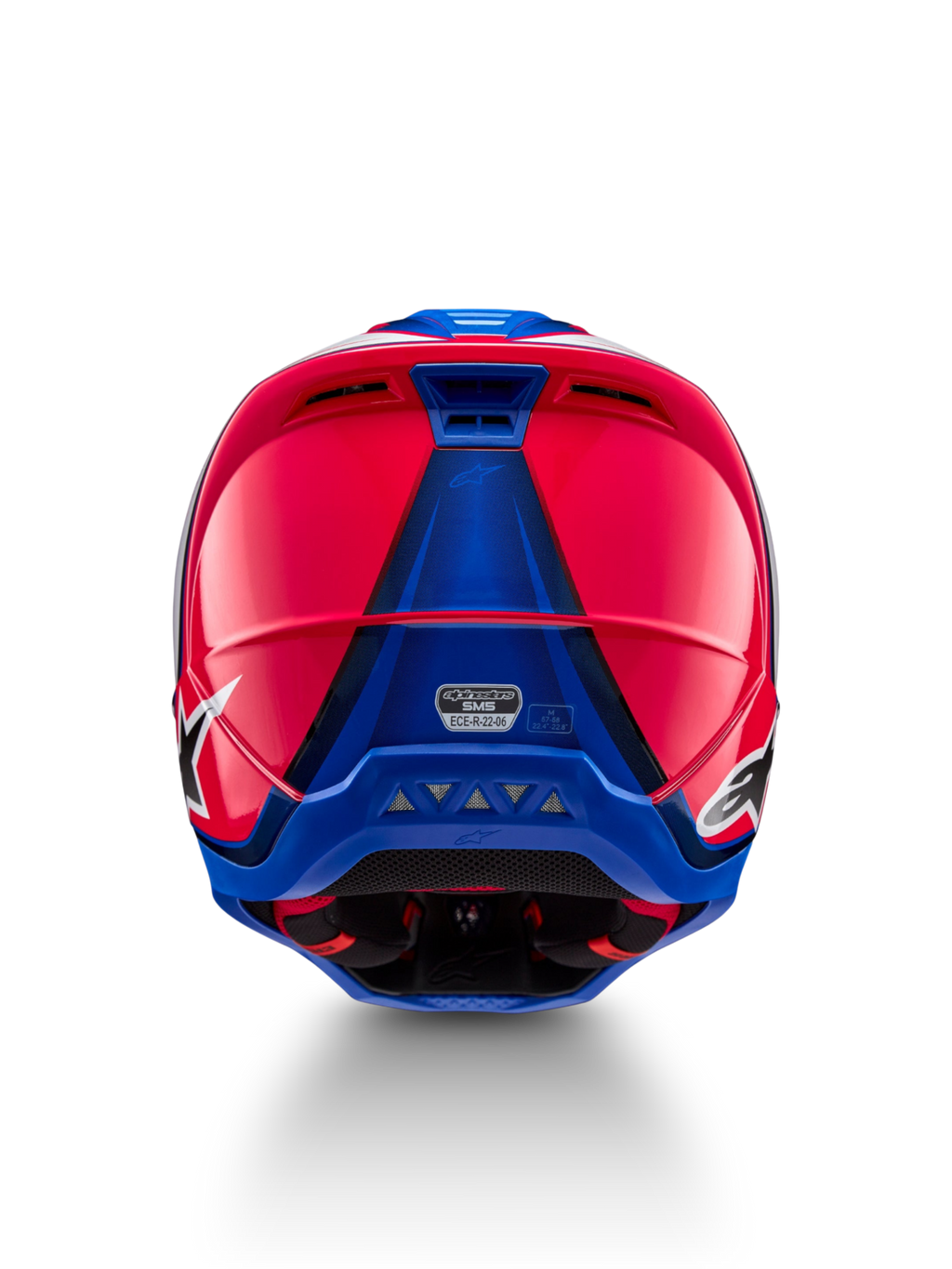 Alpinestars S-M5 Sail Helmet ECE 22.06, Motocross Racing Helmet, Diva Pink and Enamel Blue, Rear View showing ventilation exhausts and ECE 22.06 certification.
