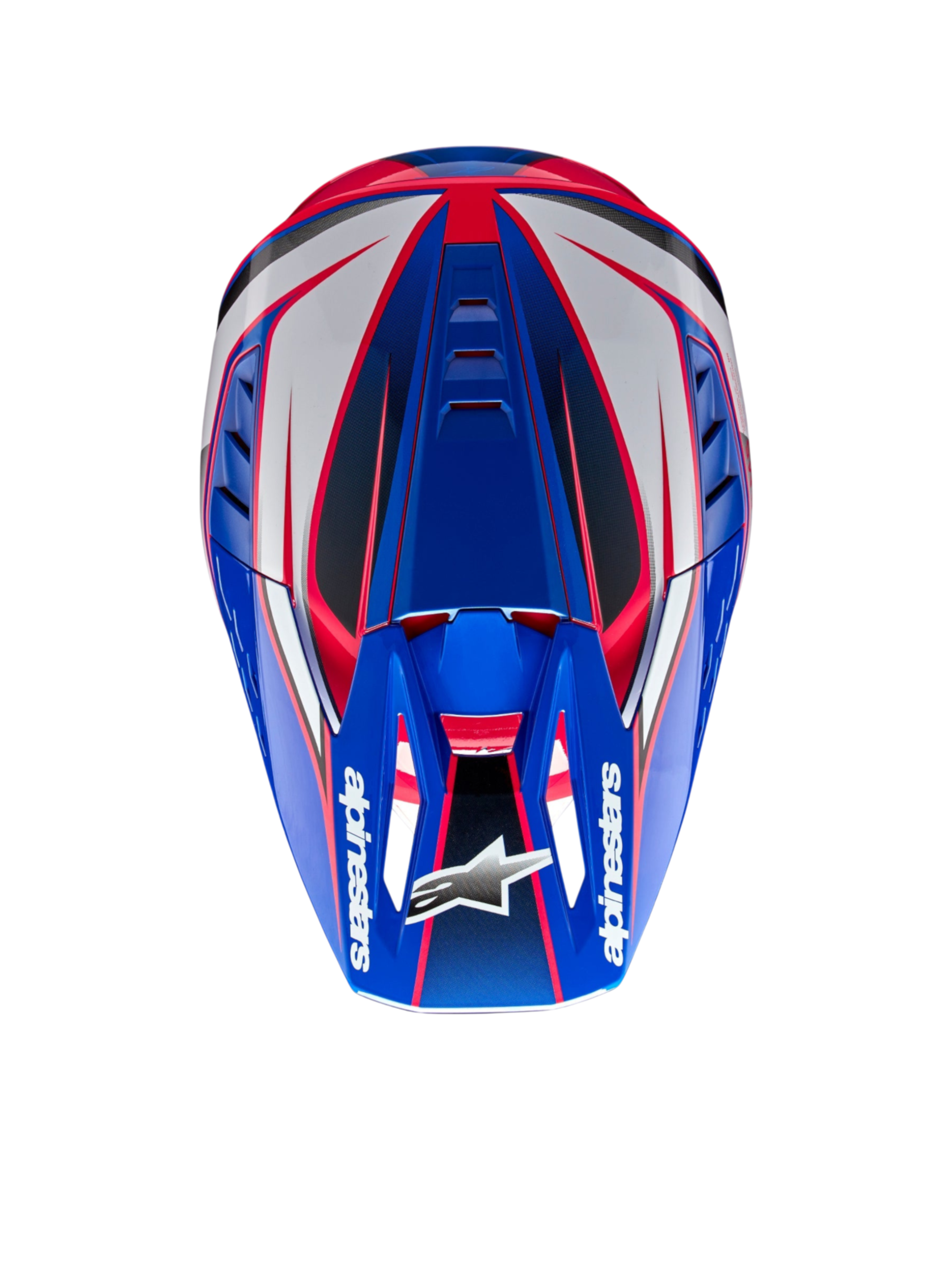 Alpinestars S-M5 Sail Helmet, Motocross Helmet, Enamel Blue, White and Diva Pink, top view showing aerodynamic shell and ECE 22.06 certification.
