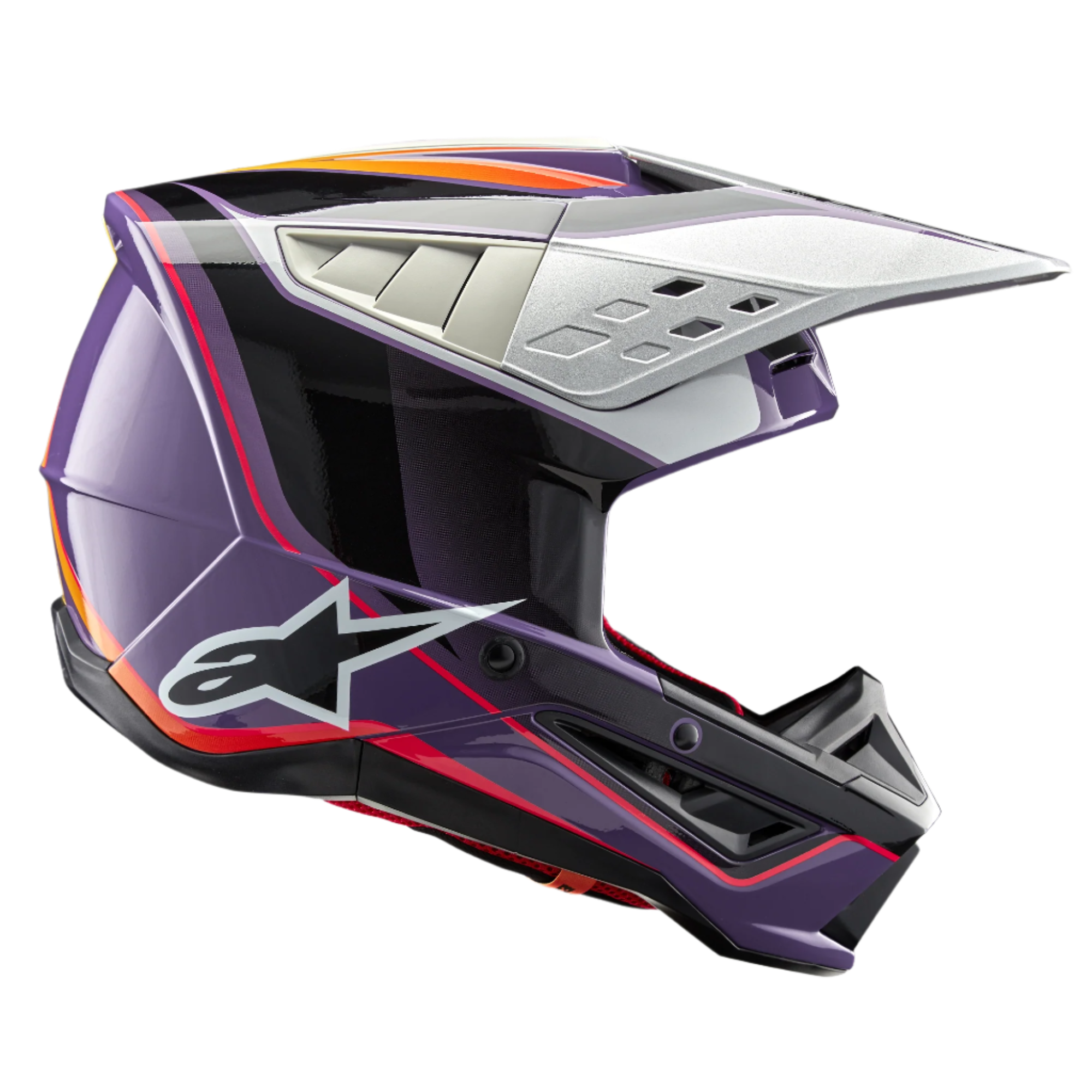Alpinestars S-M5 Sail Helmet ECE, capacete de motocross, roxo, preto e prateado brilhante, com grafismos arrojados em laranja e vermelho, viseira prateada ventilada, calota aerodinâmica com logótipo de estrela branco, proteção profissional para todo-o-terreno