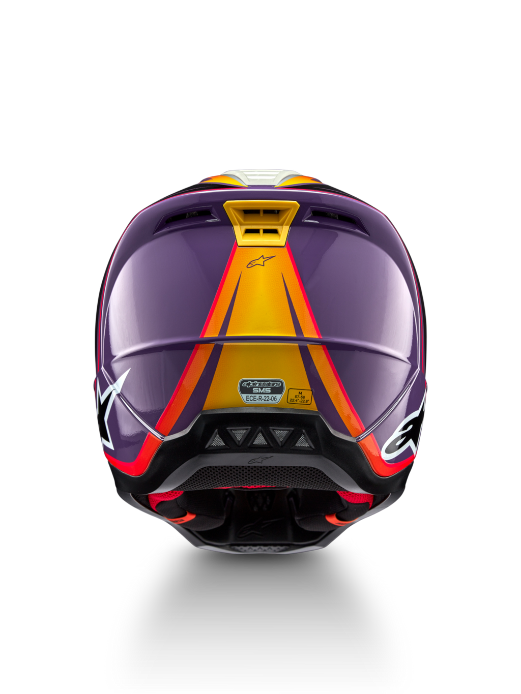 Alpinestars S-M5 Sail, capacete de motocross em violeta e amarelo, tamanho M, vista traseira, certificado ECE 22.06