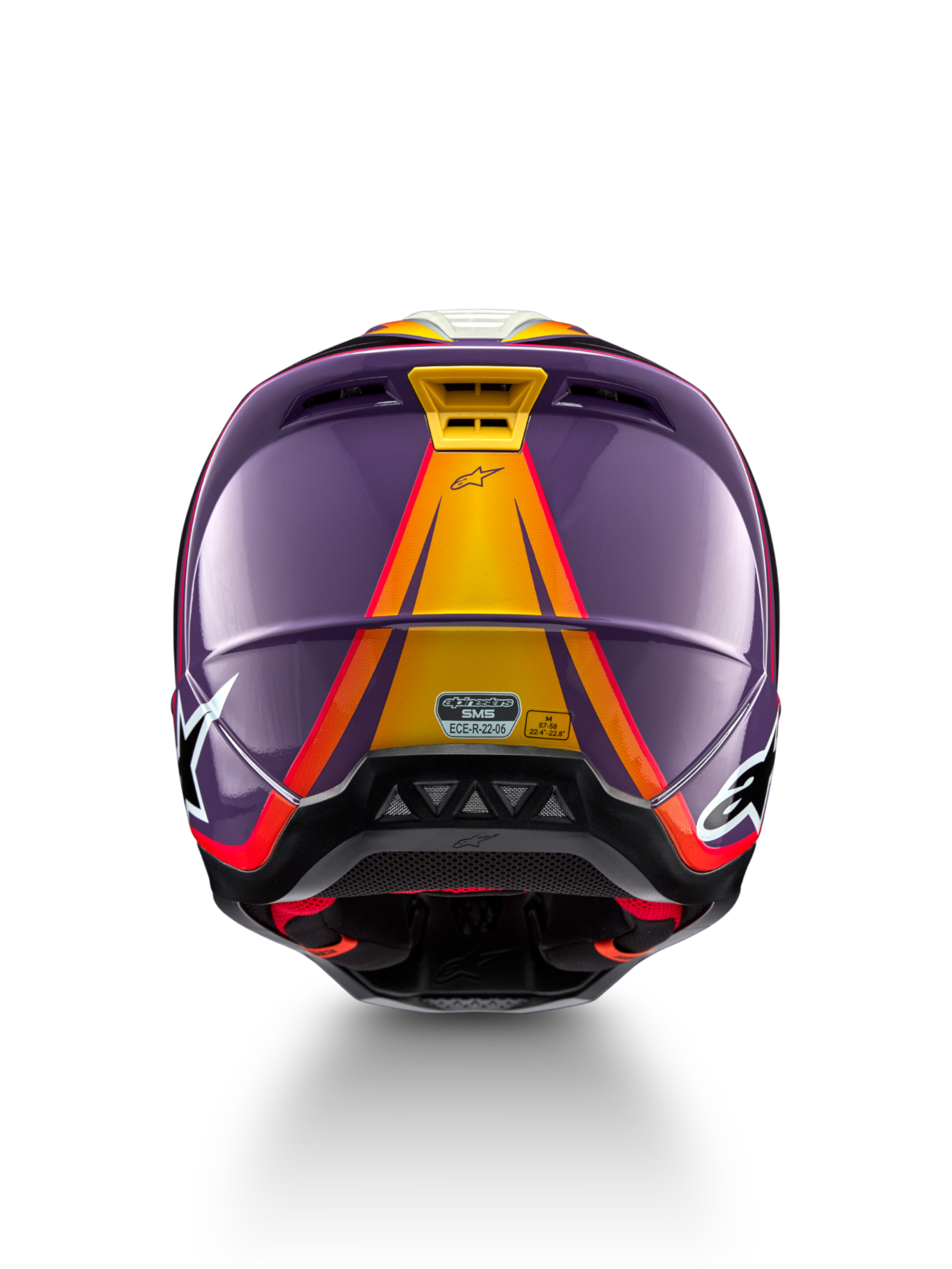 Alpinestars S-M5 Sail, capacete de motocross em violeta e amarelo, tamanho M, vista traseira, certificado ECE 22.06