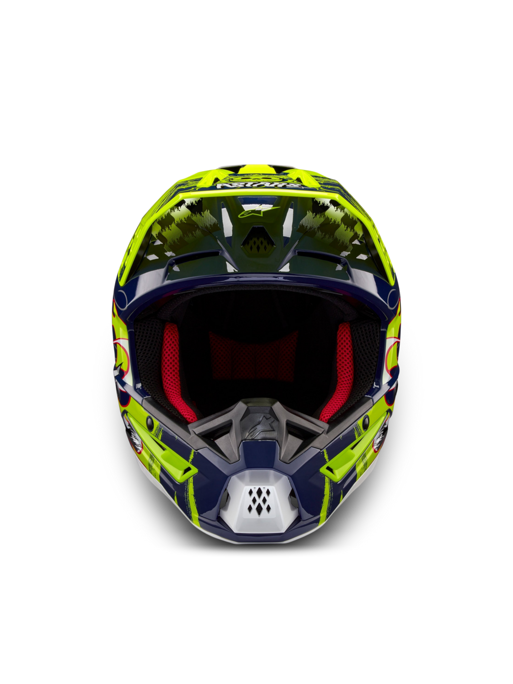 Alpinestars S-M5 Rash ECE 22.06, capacete de motocross azul marinho e amarelo fluo com acolchoamento vermelho.