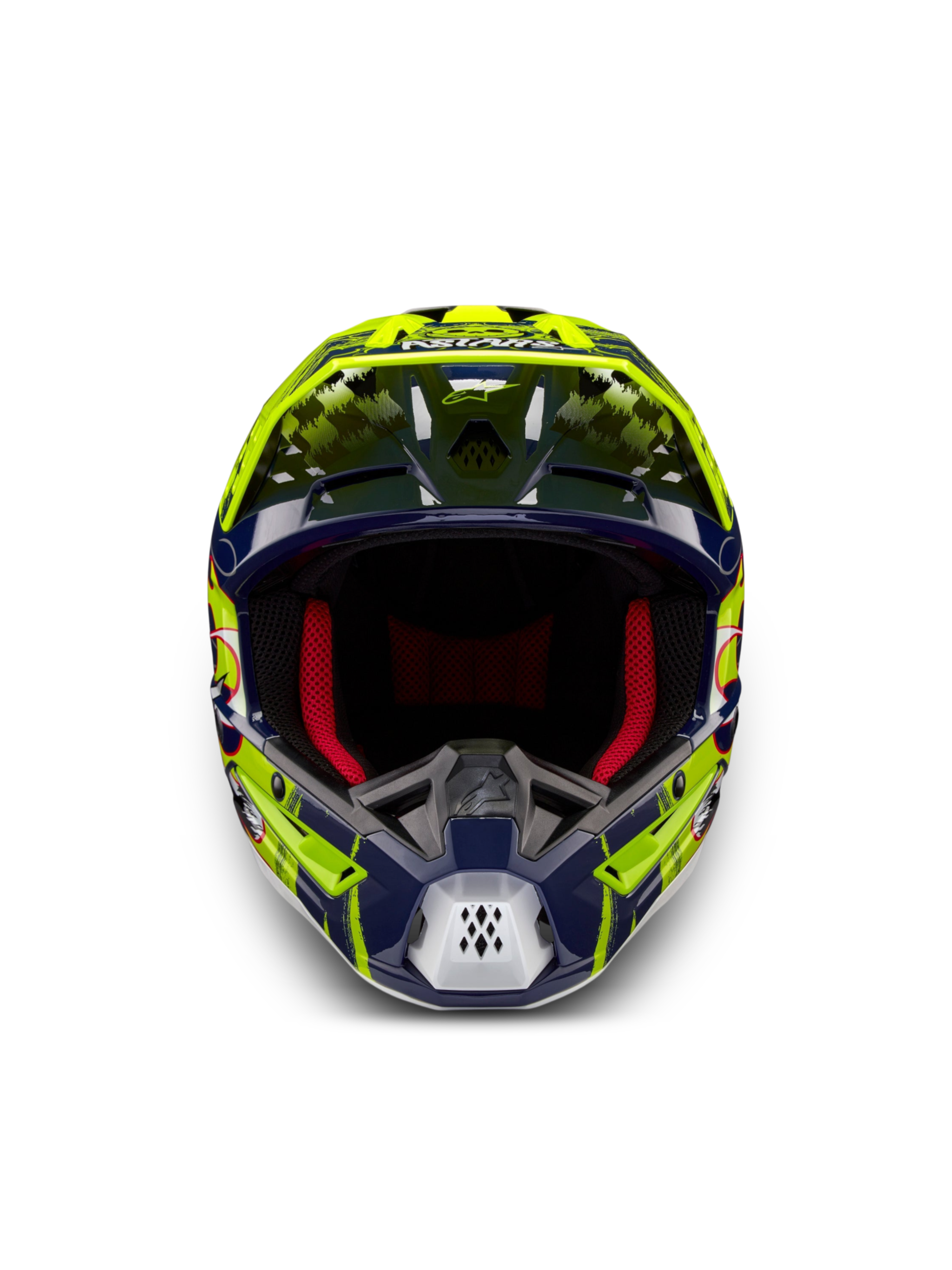 Alpinestars S-M5 Rash ECE 22.06, capacete de motocross azul marinho e amarelo fluo com acolchoamento vermelho.