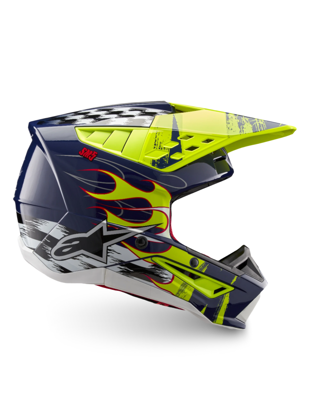 Alpinestars S-M5 Rash ECE 22.06, capacete de motocross azul marinho e amarelo fluo brilhante com grafismos de chamas.