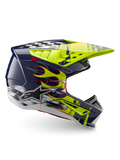 Alpinestars S-M5 Rash ECE 22.06, capacete de motocross azul marinho e amarelo fluo brilhante com grafismos de chamas.