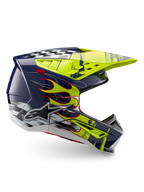 Alpinestars S-M5 Rash ECE 22.06, capacete de motocross azul marinho e amarelo fluo brilhante com grafismos de chamas.