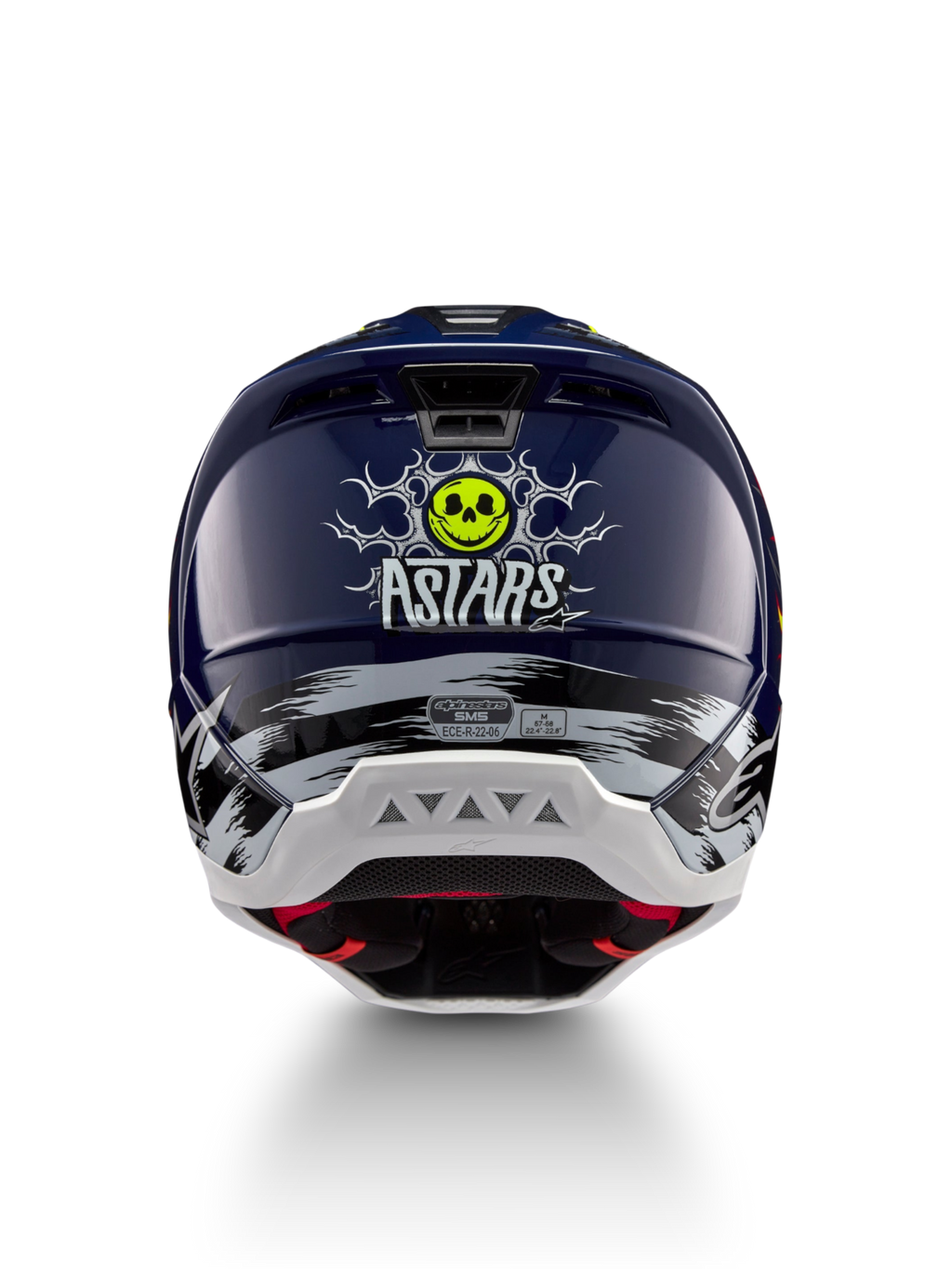 Alpinestars Capacete S-M5 Rash, capacete de motocross azul marinho e amarelo fluo, vista traseira com gráfico de caveira, certificado ECE 22.06