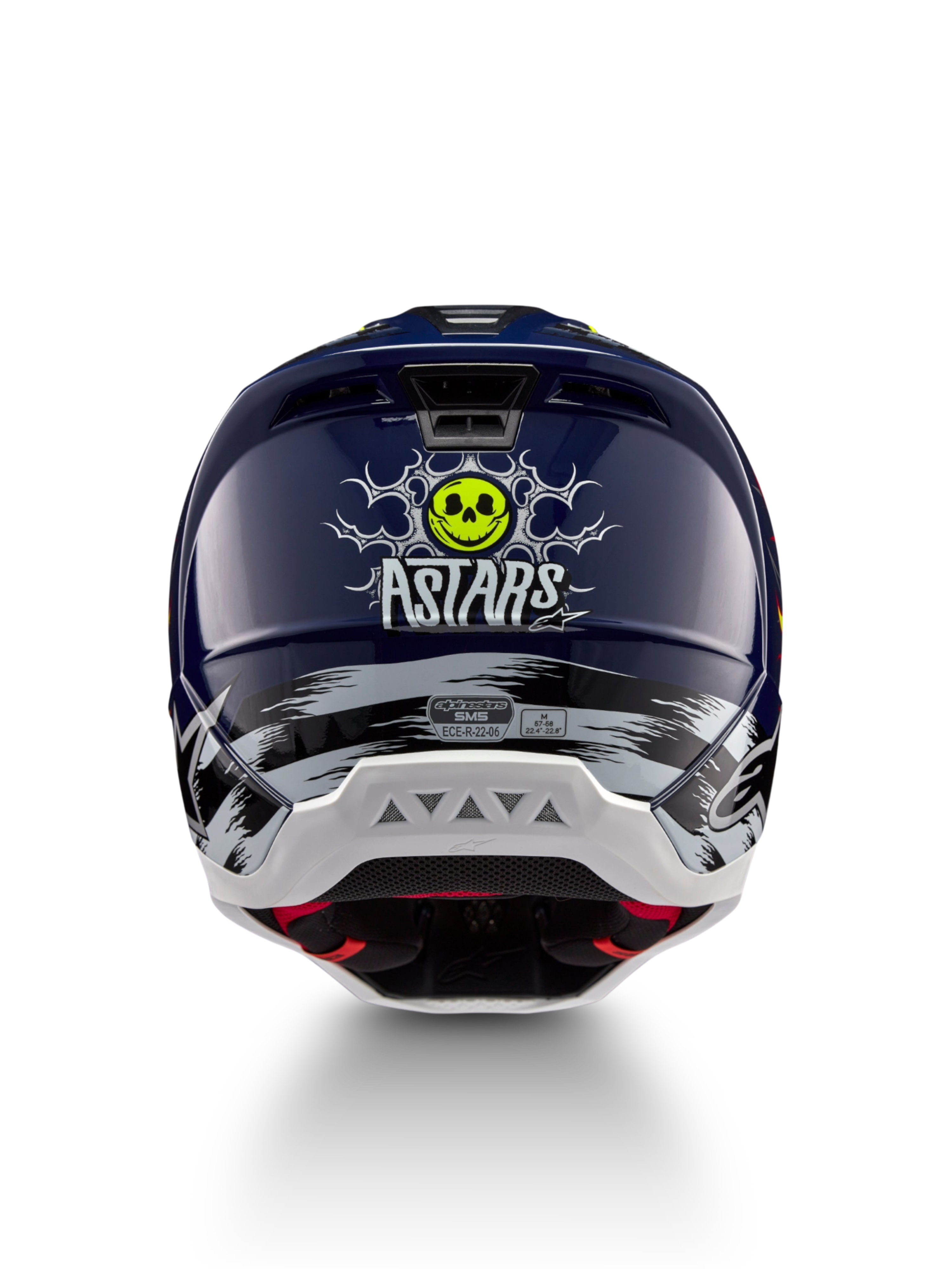 Alpinestars Capacete S-M5 Rash, capacete de motocross azul marinho e amarelo fluo, vista traseira com gráfico de caveira, certificado ECE 22.06