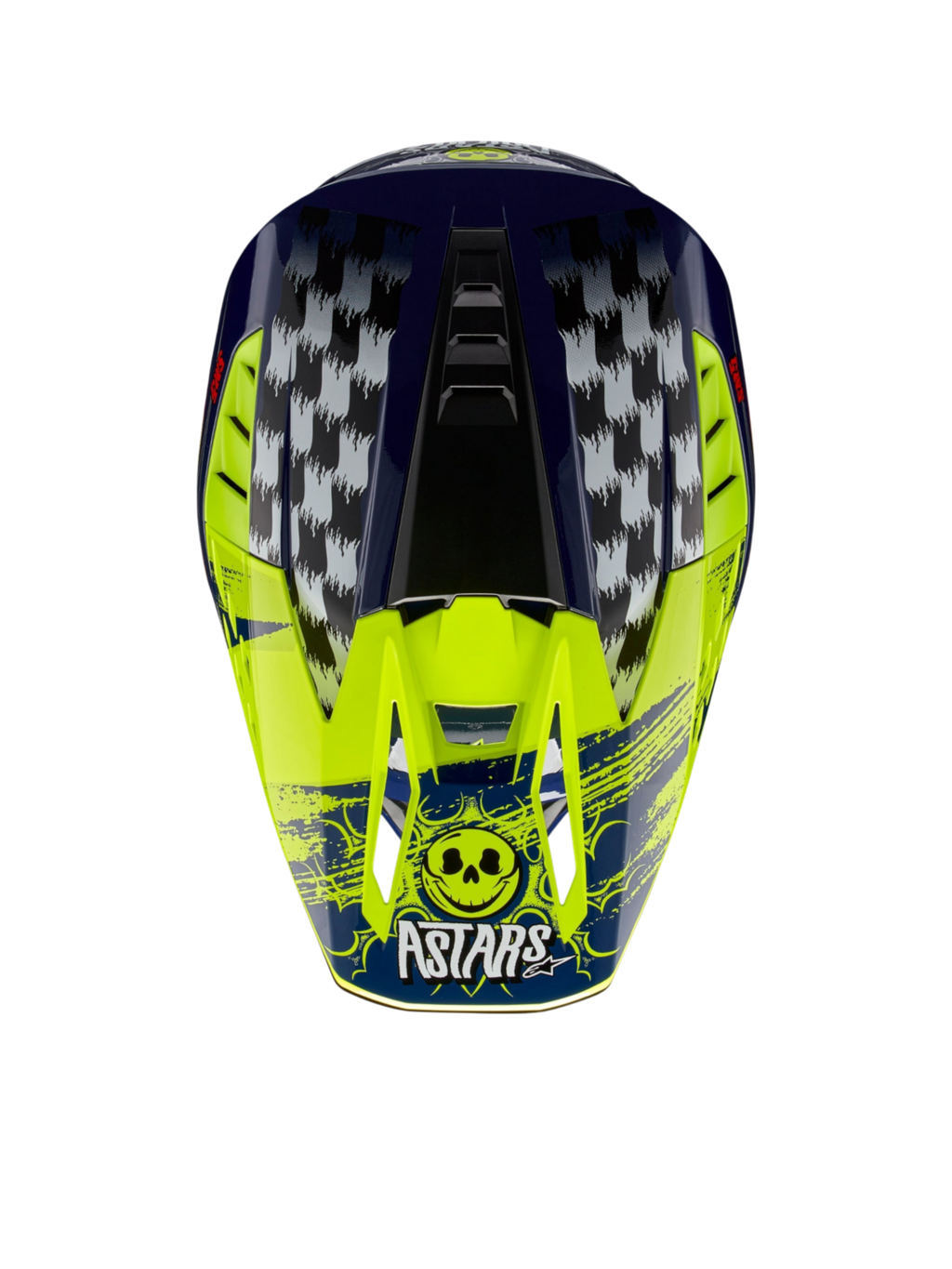 Alpinestars S-M5 Rash, capacete de motocross azul-noite e amarelo fluo, grafismos axadrezados e logótipo de caveira Astars.