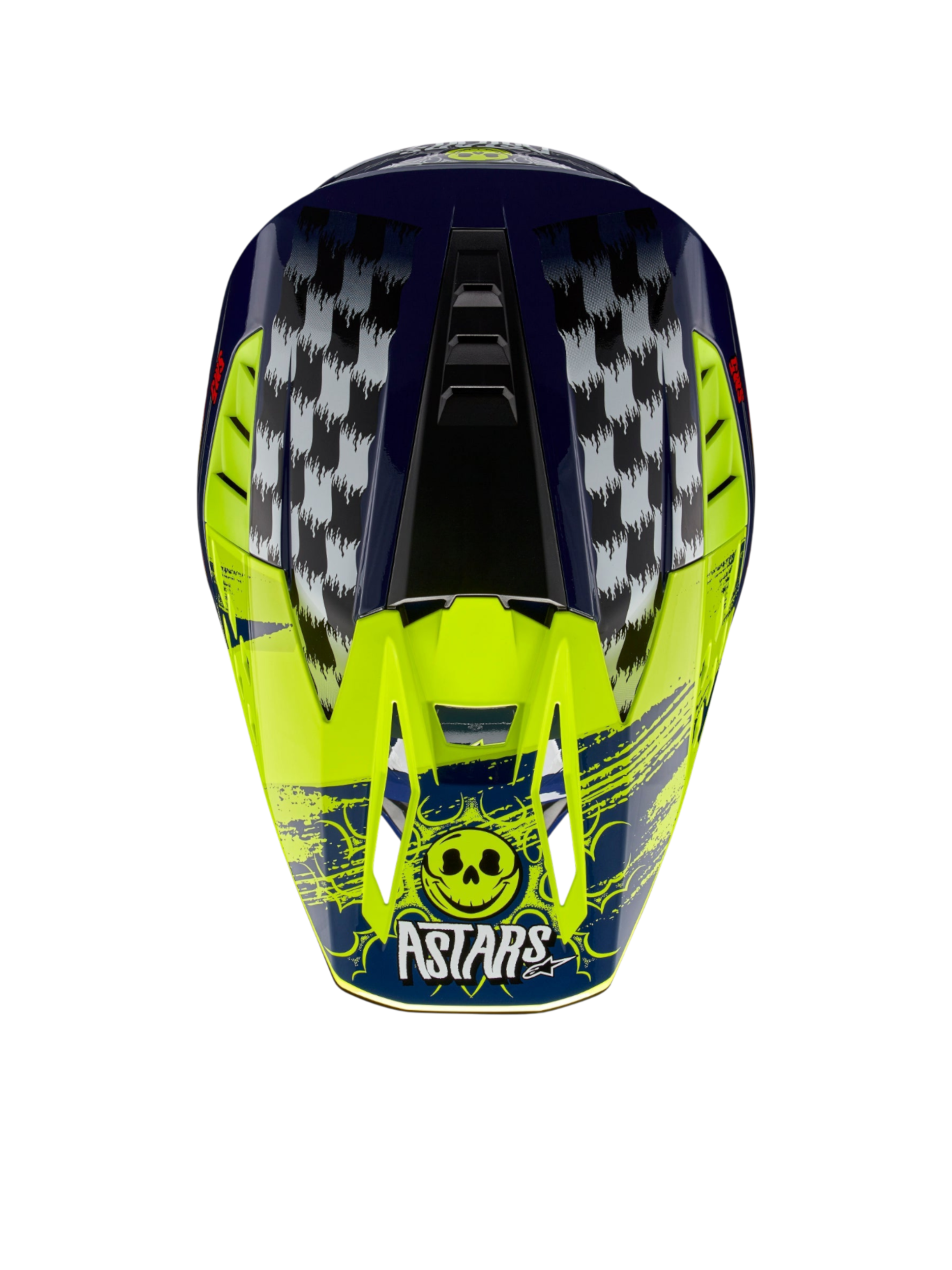 Alpinestars S-M5 Rash, capacete de motocross azul-noite e amarelo fluo, grafismos axadrezados e logótipo de caveira Astars.
