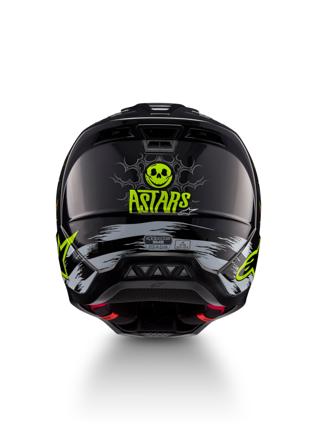 Alpinestars S-M5 Rash Helmet, black and neon yellow motocross helmet with skull graphic, rear view, ECE 22.06 certified.