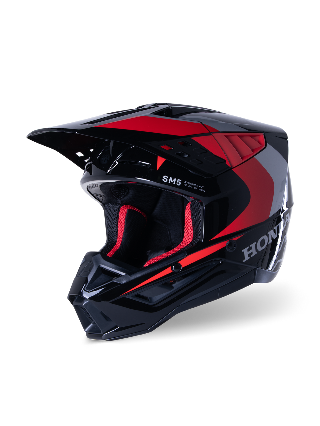 Capacete Alpinestars Honda S-M5, capacete de motocross, preto e vermelho brilhante, com grafismos prateados da Honda e logótipo SM5, perfil aerodinâmico com grandes entradas de ar e pala ajustável, concebido para corridas off-road