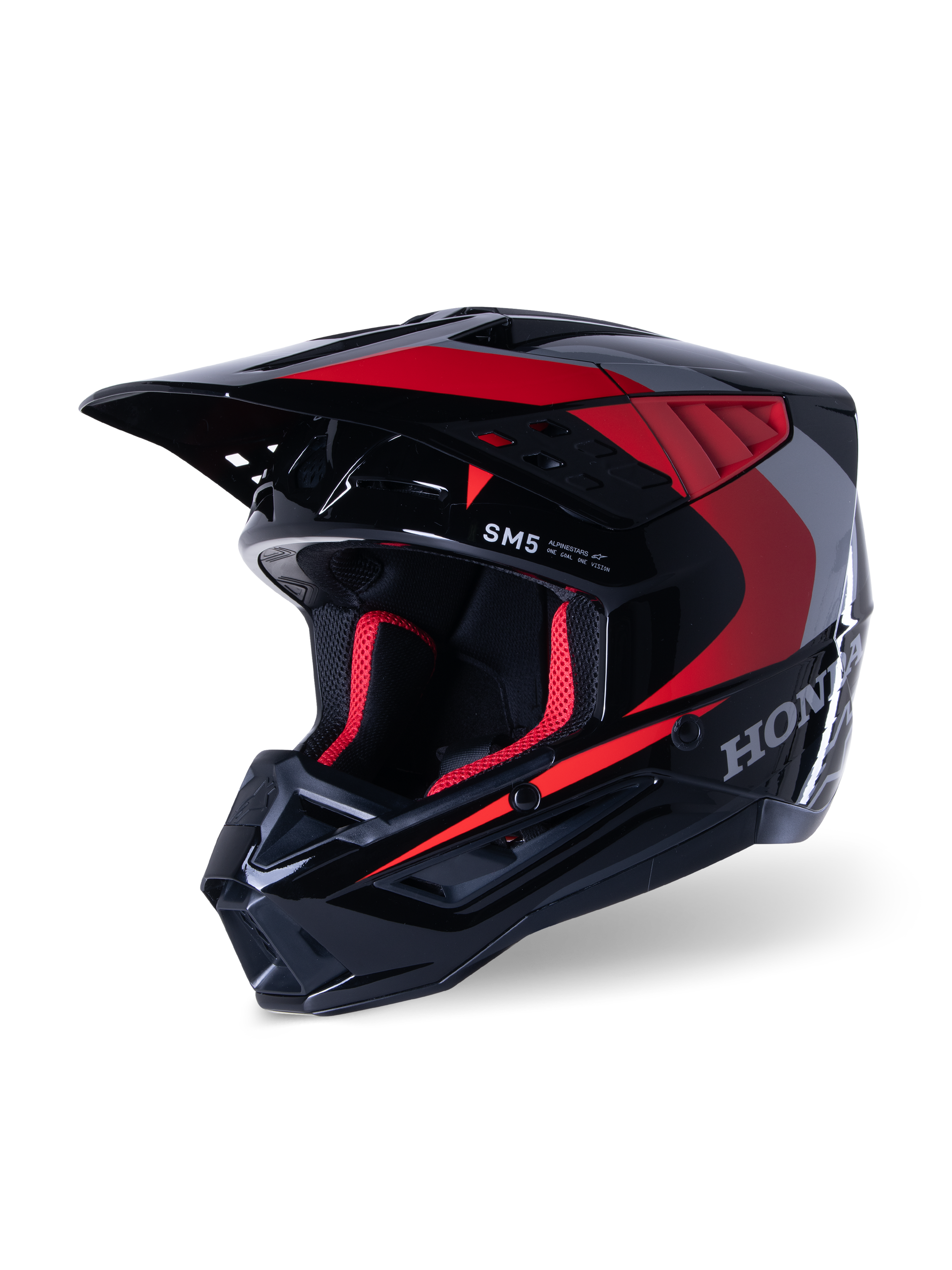 Capacete Alpinestars Honda S-M5, capacete de motocross, preto e vermelho brilhante, com grafismos prateados da Honda e logótipo SM5, perfil aerodinâmico com grandes entradas de ar e pala ajustável, concebido para corridas off-road