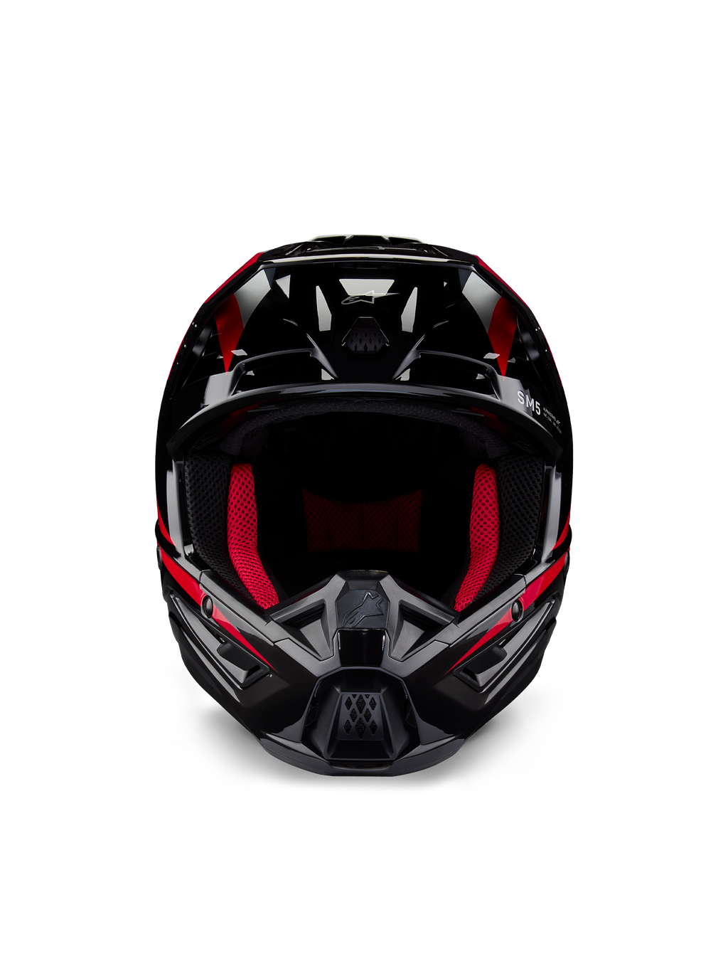 Capacete Alpinestars Honda S-M5 ECE, capacete de motocross, preto e vermelho brilhante, vista frontal com acabamento em preto brilhante e grafismos vermelhos, forro interno em vermelho vibrante, design angular com múltiplas entradas de ar, proteção de alto desempenho para motocross