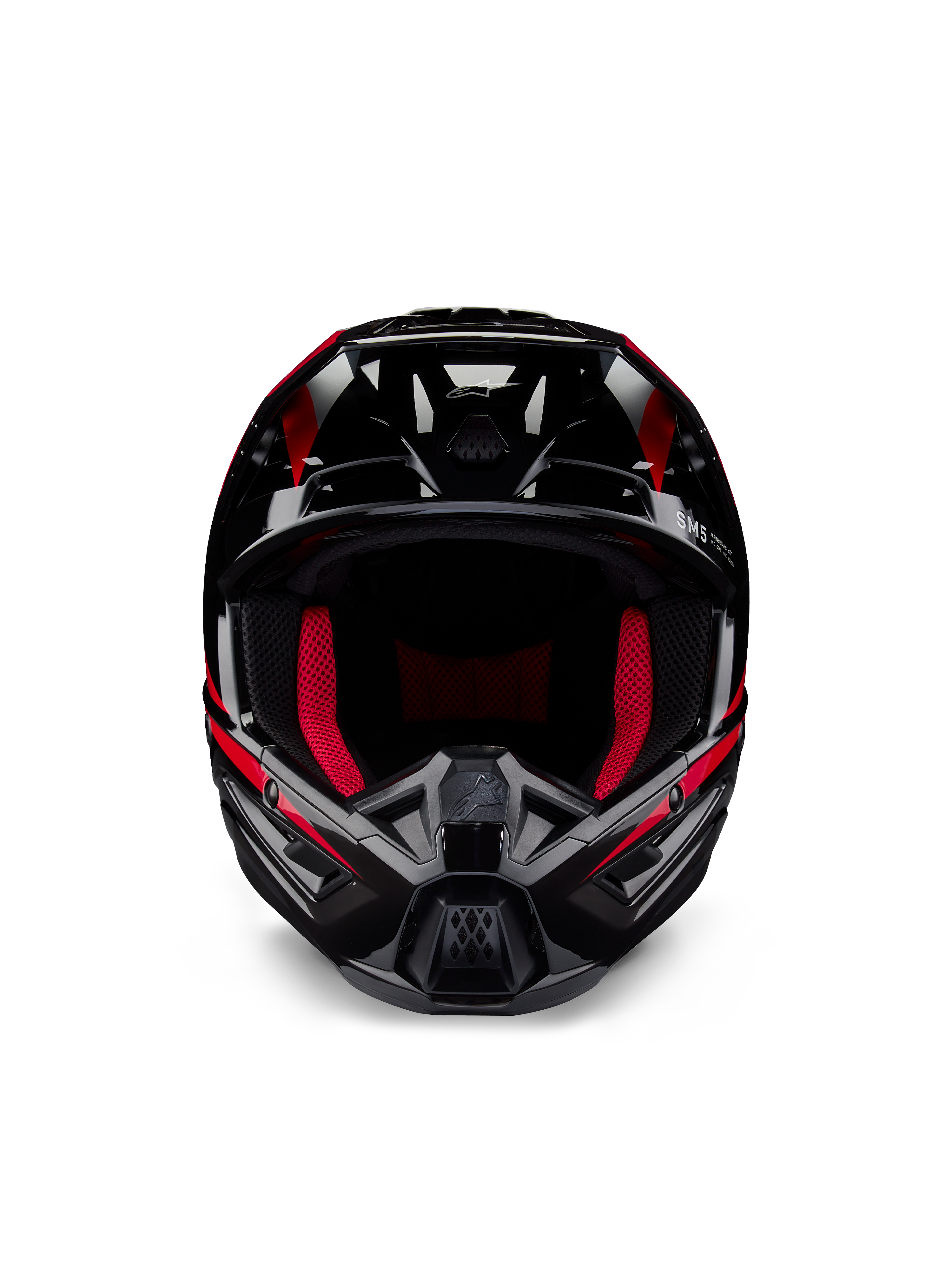 Capacete Alpinestars Honda S-M5 ECE, capacete de motocross, preto e vermelho brilhante, vista frontal com acabamento em preto brilhante e grafismos vermelhos, forro interno em vermelho vibrante, design angular com múltiplas entradas de ar, proteção de alto desempenho para motocross