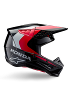Capacete Honda S-M5, capacete de motocross, preto e vermelho brilhante com detalhes em branco e prateado, vista lateral com os logótipos Honda e Alpinestars, design aerodinâmico com viseira e múltiplas aberturas de ventilação, equipamento de proteção profissional para todo-o-terreno