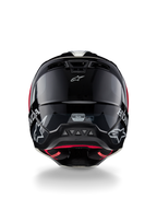 Capacete Alpinestars Honda S-M5 ECE, capacete de motocross, preto e vermelho brilhante, vista traseira mostrando a concha preta brilhante com logótipos Honda e Alpinestars brancos, forro interno vermelho e etiqueta de certificação de segurança ECE