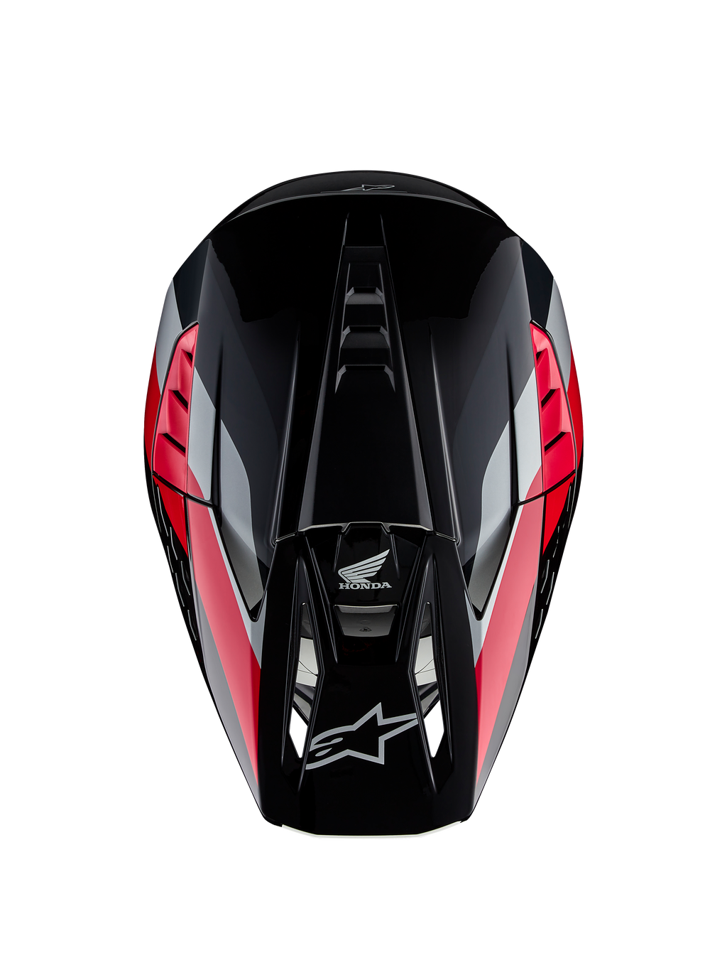 Capacete Honda S-M5 ECE, capacete de motocross, preto e vermelho brilhante com riscas gráficas vermelhas e prateadas, vista superior mostrando a calote aerodinâmica e a pala ventilada, logótipos Alpinestars e Honda, equipamento de alto desempenho para todo-o-terreno