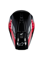 Capacete Honda S-M5 ECE, capacete de motocross, preto e vermelho brilhante com riscas gráficas vermelhas e prateadas, vista superior mostrando a calote aerodinâmica e a pala ventilada, logótipos Alpinestars e Honda, equipamento de alto desempenho para todo-o-terreno