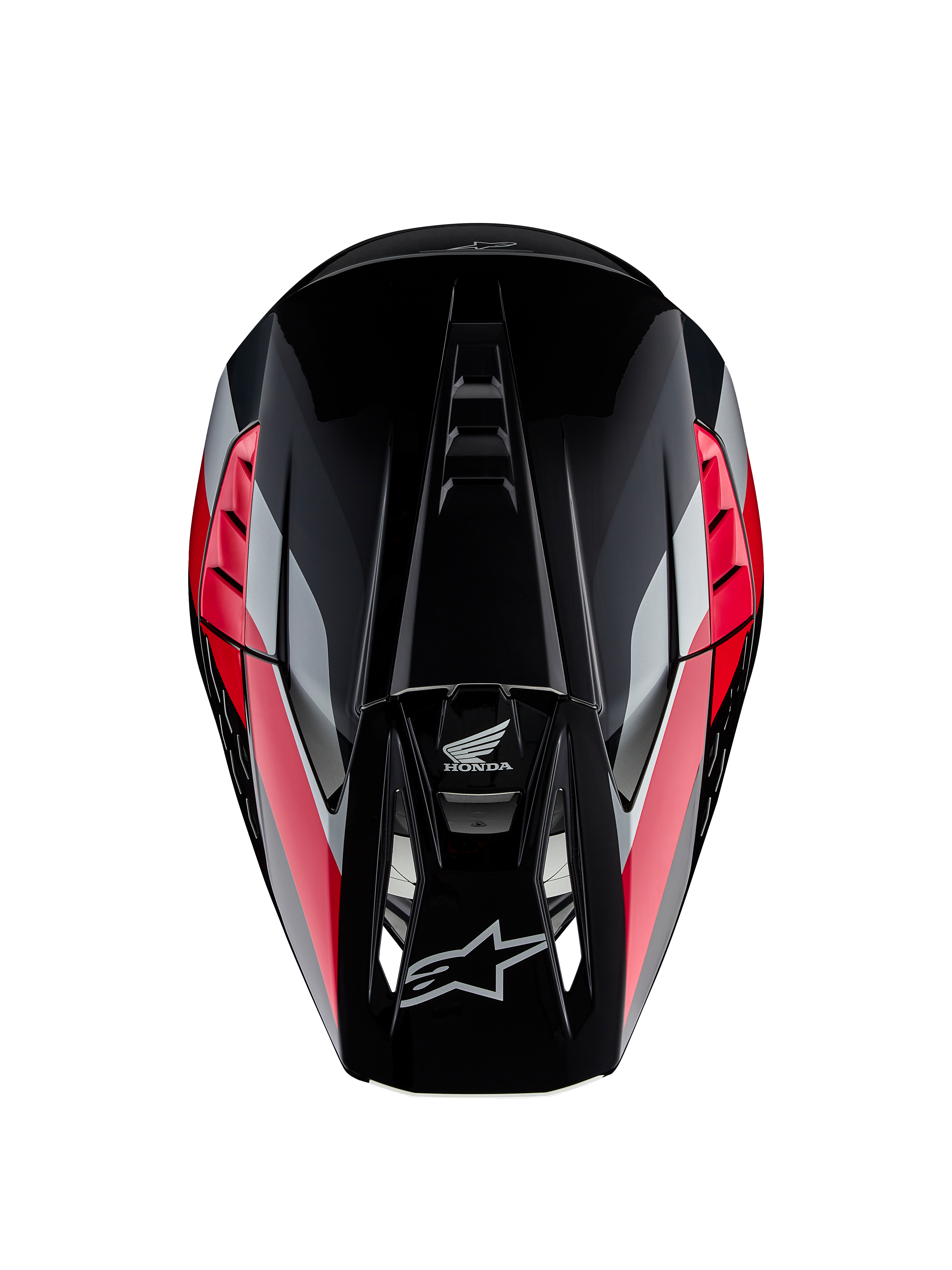 Capacete Honda S-M5 ECE, capacete de motocross, preto e vermelho brilhante com riscas gráficas vermelhas e prateadas, vista superior mostrando a calote aerodinâmica e a pala ventilada, logótipos Alpinestars e Honda, equipamento de alto desempenho para todo-o-terreno