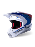Capacete Alpinestars Honda S-M5 ECE, capacete de motocross, branco, azul e vermelho brilhante, com a marca Honda em destaque na lateral, forro interior em malha vermelha, viseira aerodinâmica com entradas de ar integradas, design gráfico elegante para corridas off-road